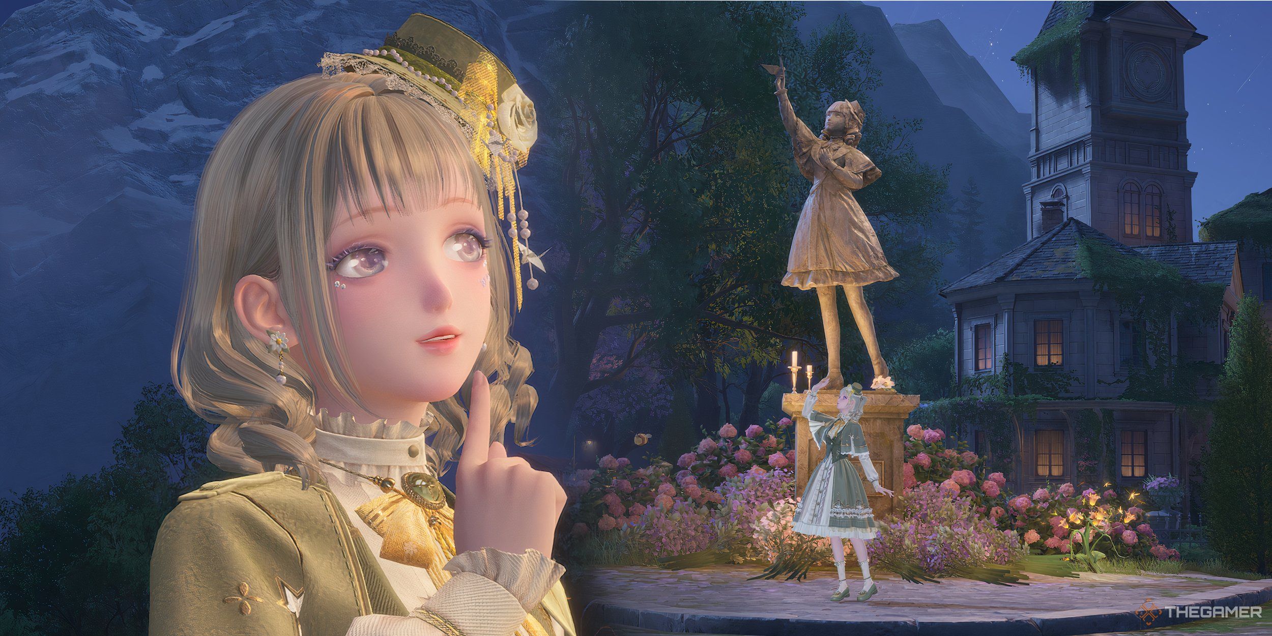 Collage of Nikki in the Rebirth Wish outfit in front of the statue of Lilina at night.