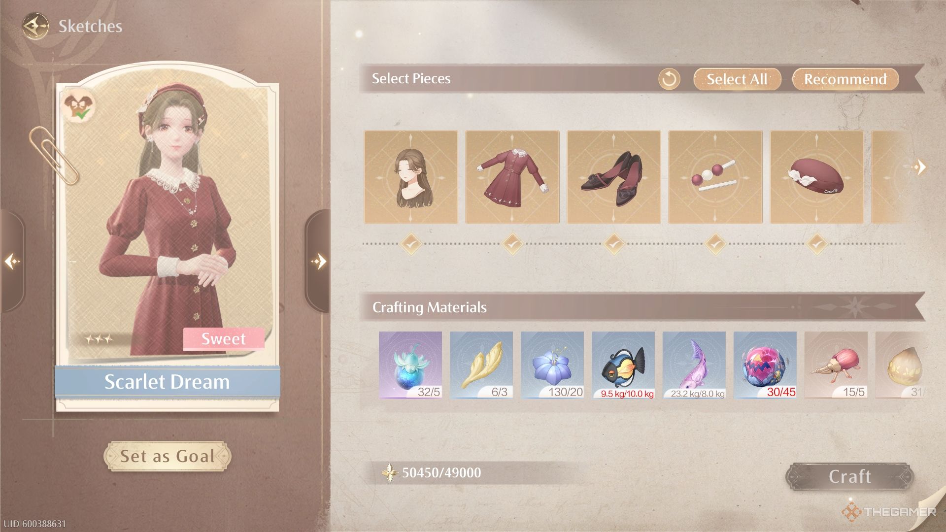 Crafting the Scarlet Dreams outfit from the sketches menu, including a list of all materials required below.