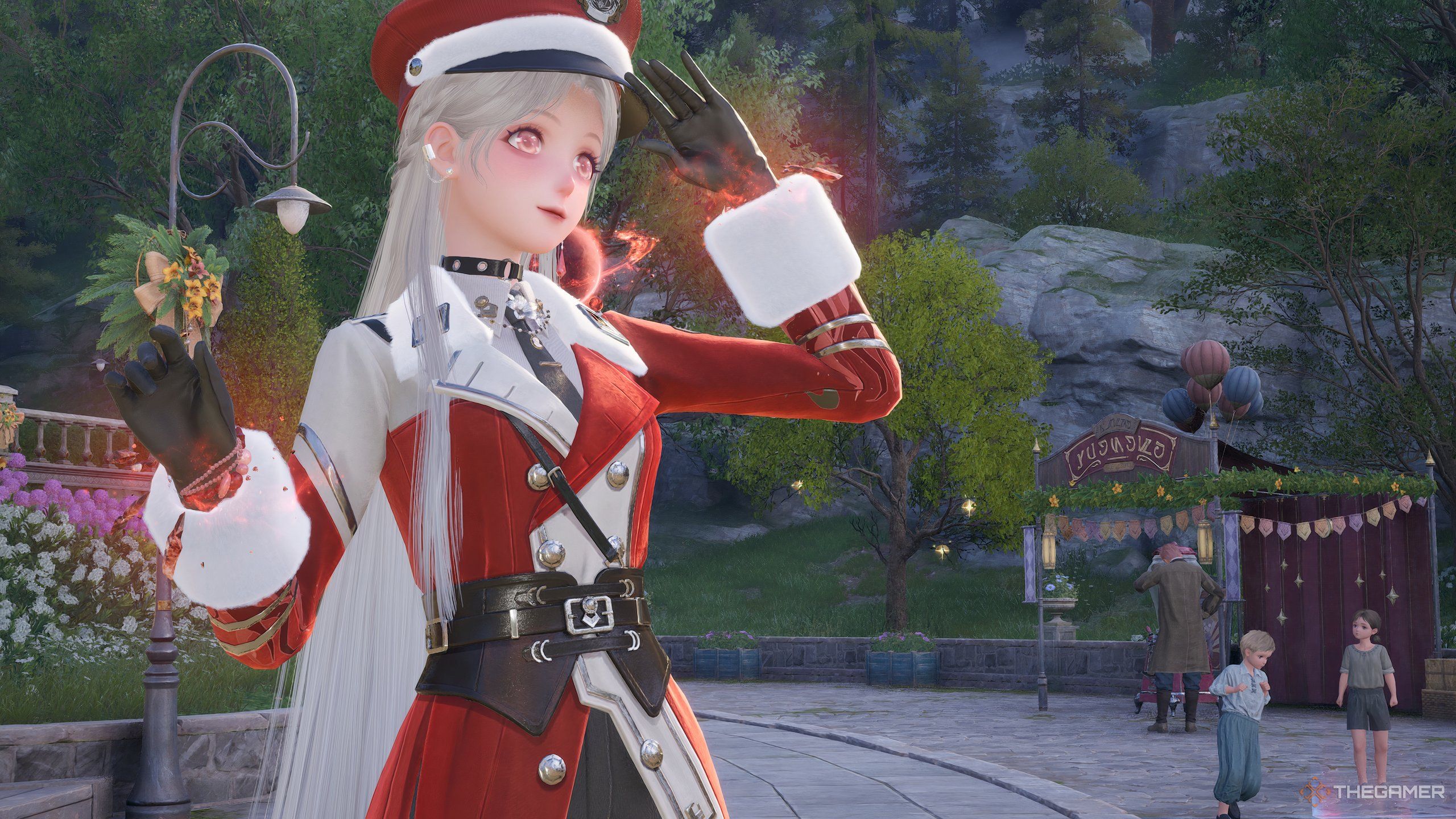 Nikki dressed in red as a commander, saluting into the sunset.