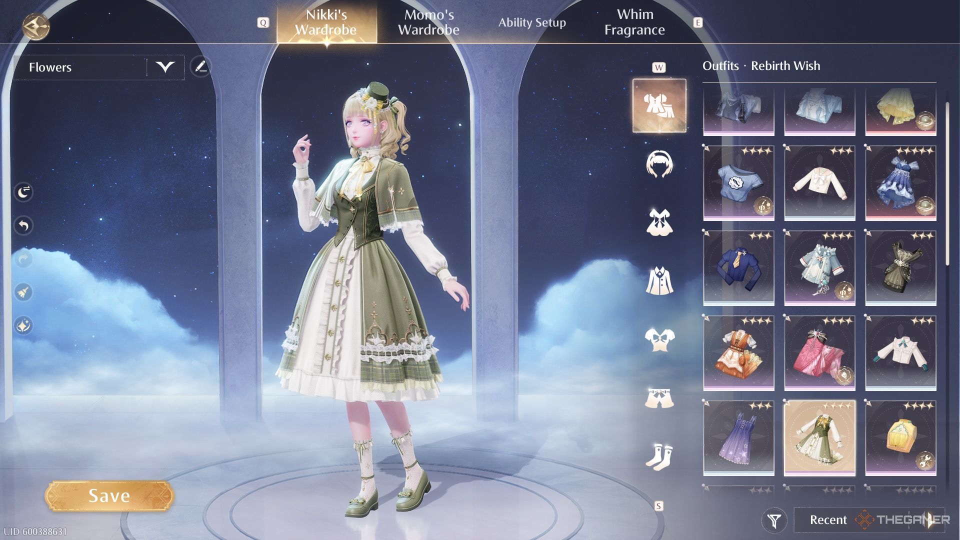 Nikki wearing the green Rebirth Wish outfit in the wardrobe.