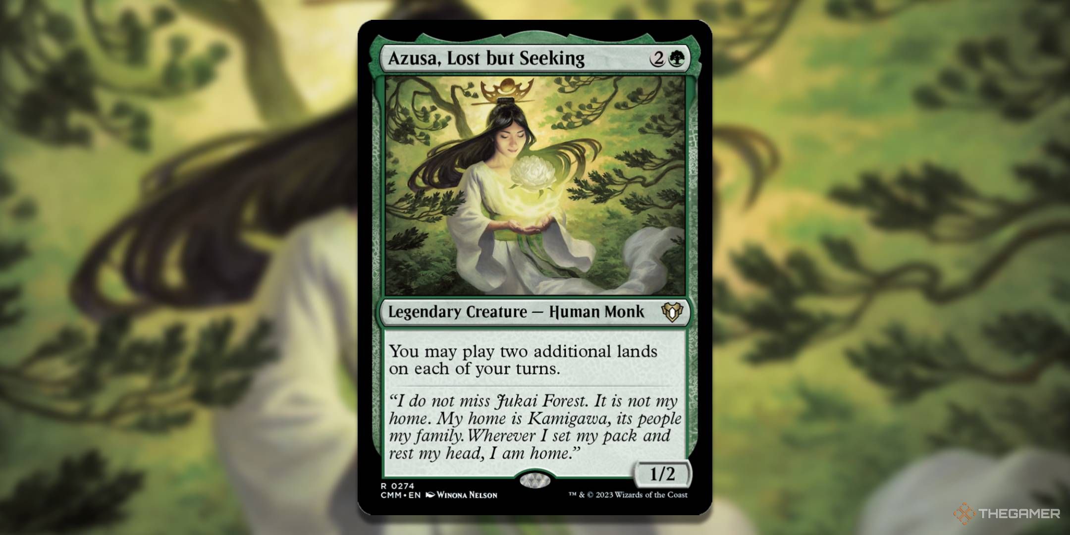 MTG Azusa, Lost but Seeking card with the art in the background.