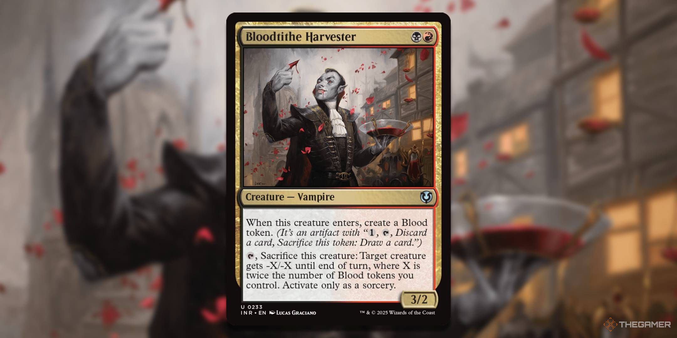 MTG Bloodtithe Harvester card with the art in the background.