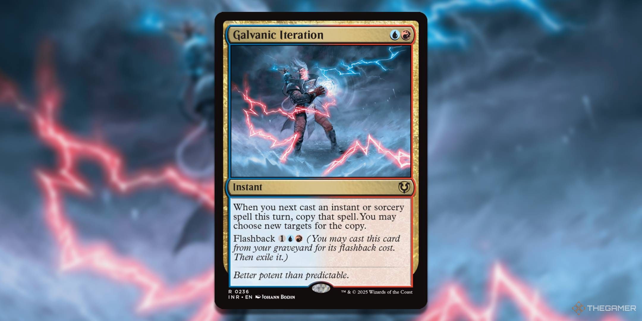 MTG Galvanic Iteration card with the art in the background.