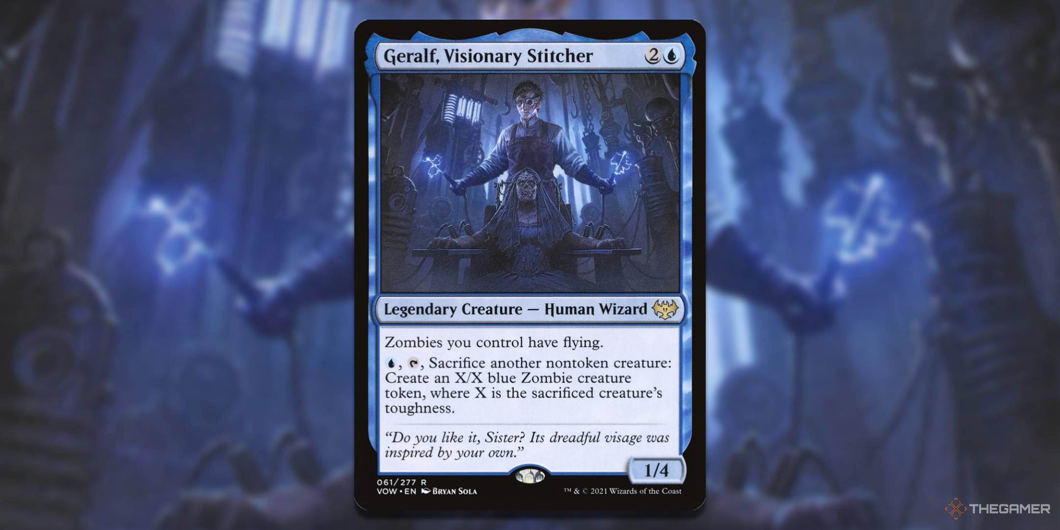 MTG Geralf, Visionary Stitcher card with art in the background.