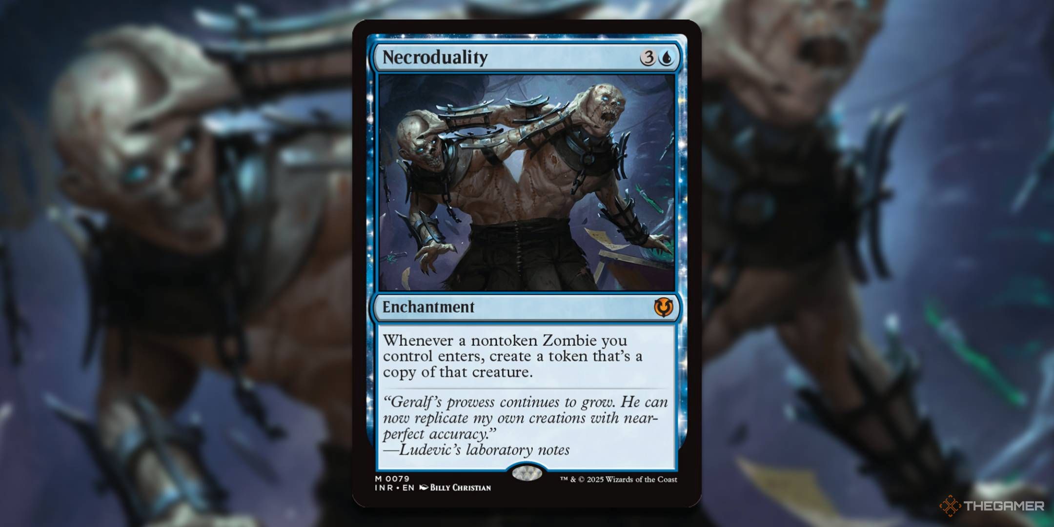 MTG Necroduality card with art in the background.