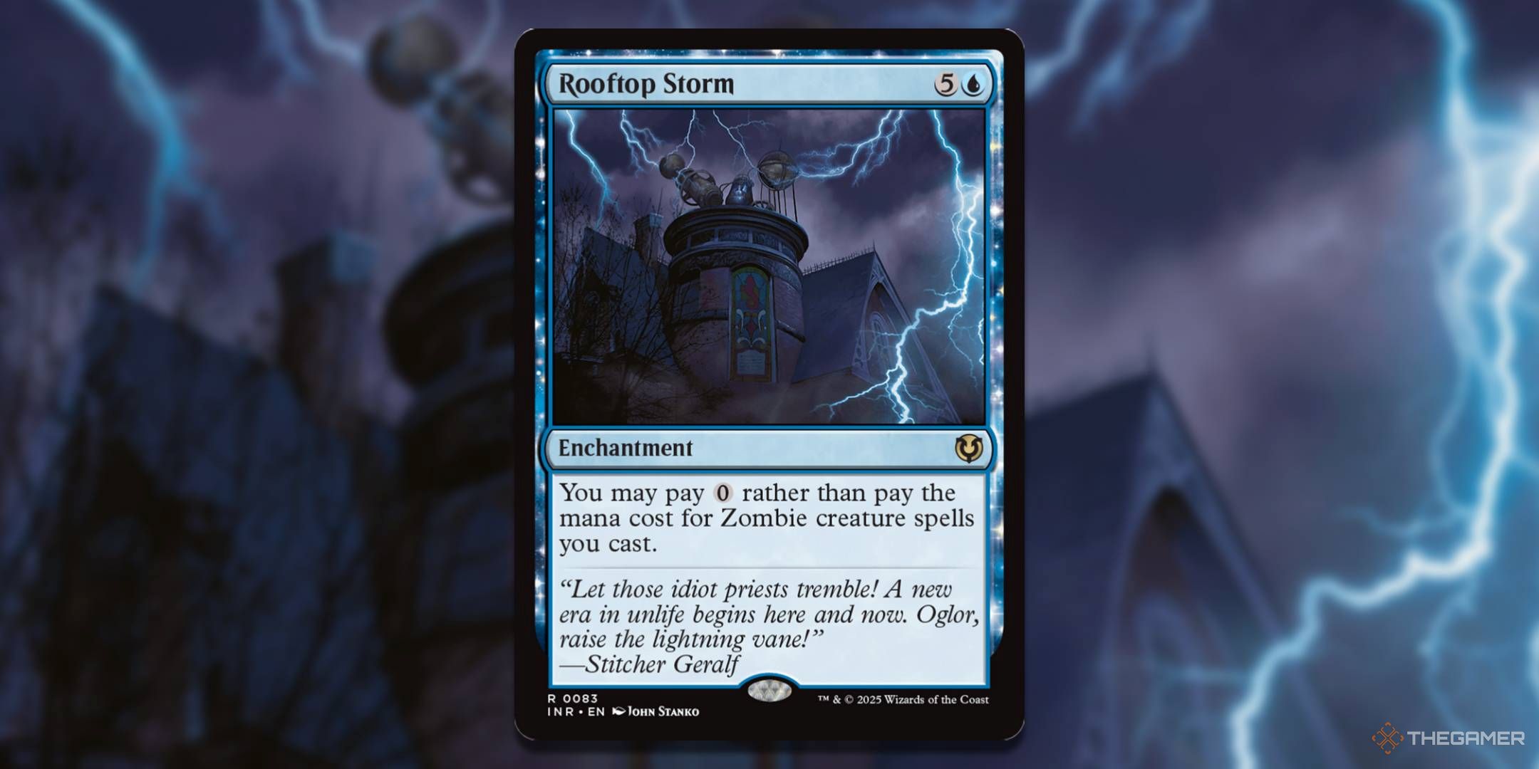 MTG Rooftop Storm card with art in the background.