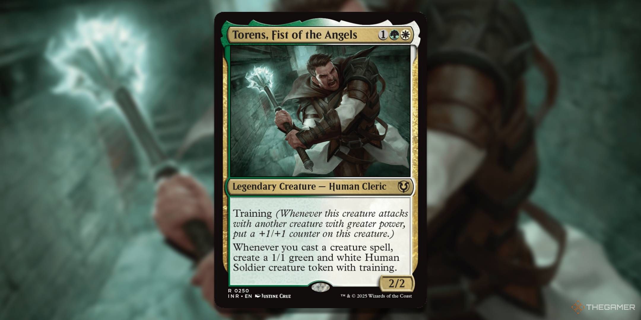 MTG Torens, Fist of the Angels card with the art in the background.