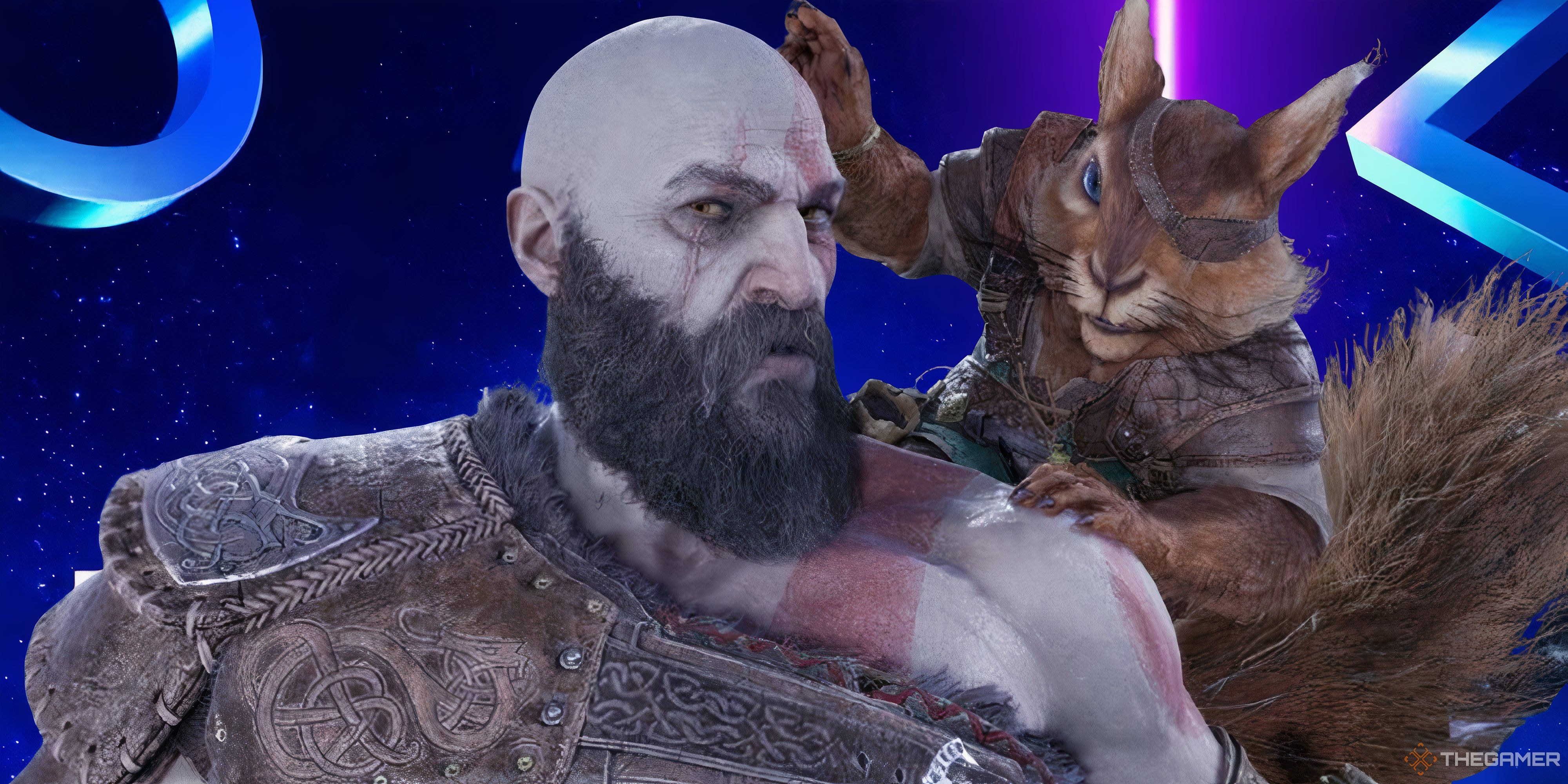 Ratatoskr whispering to kratos in front of playstation symbols.