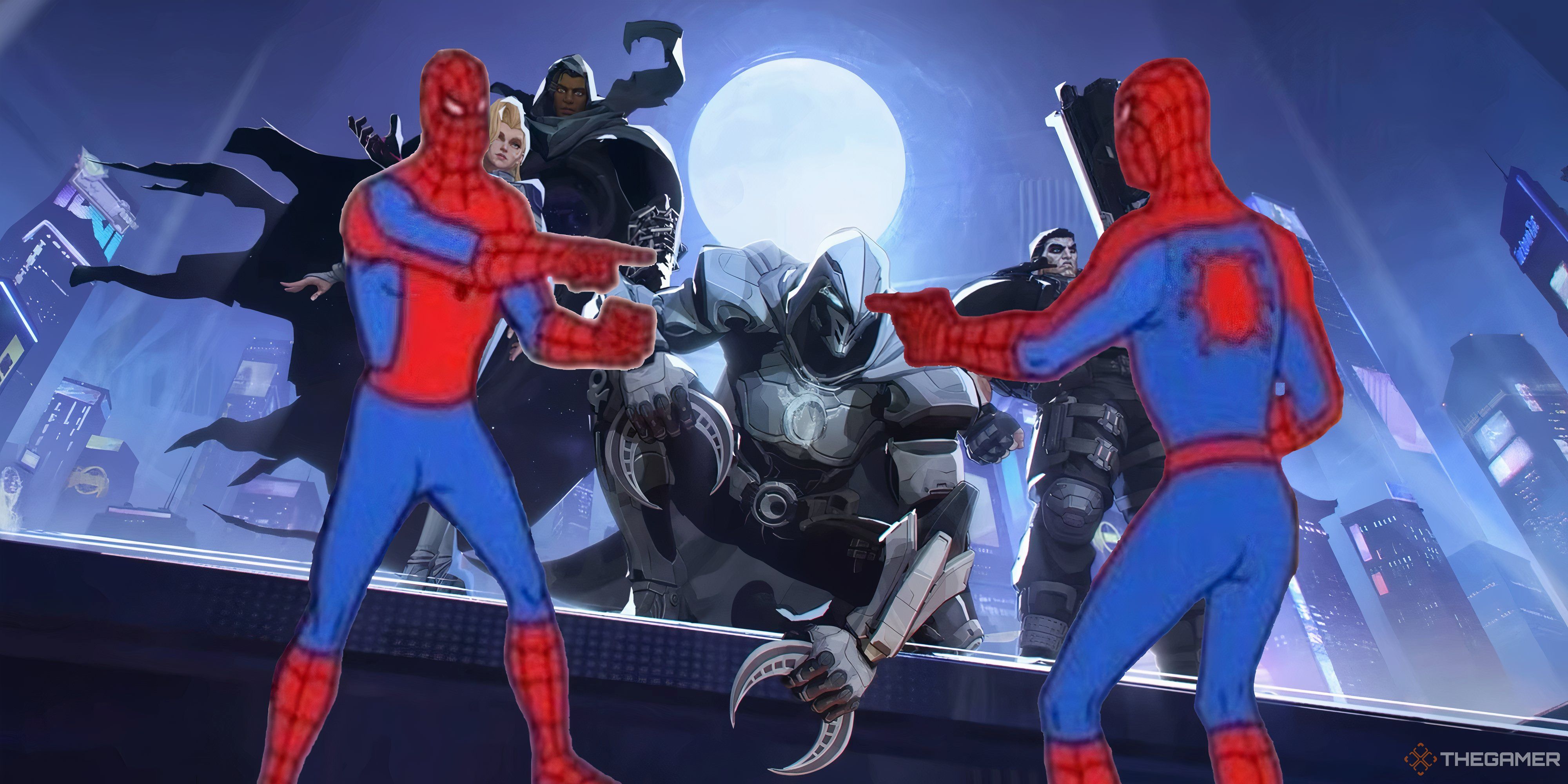 two spider-man from the animated show pointing at each other in front of marvel rivals characters.
