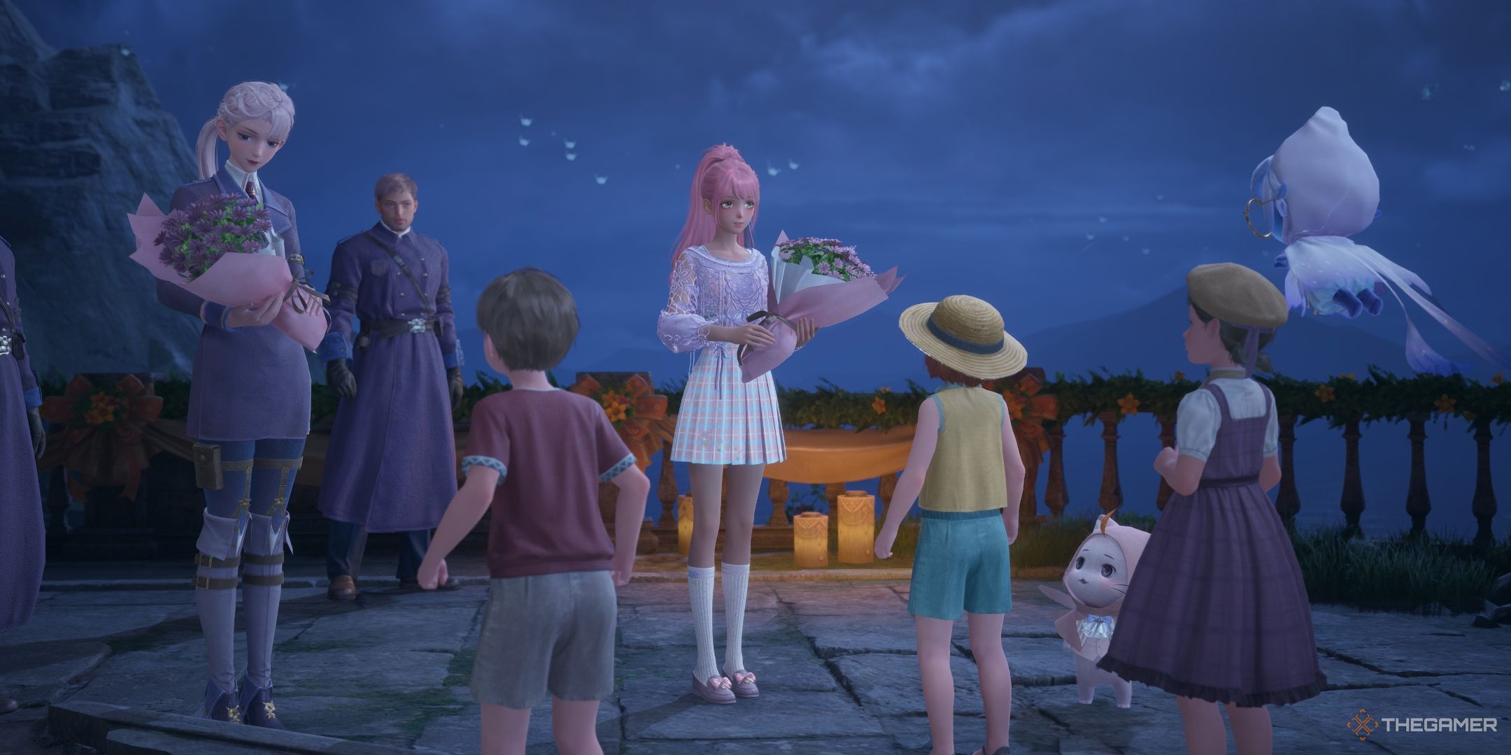 Nikki and Hiya carrying bouquets with children in Infinity Nikki