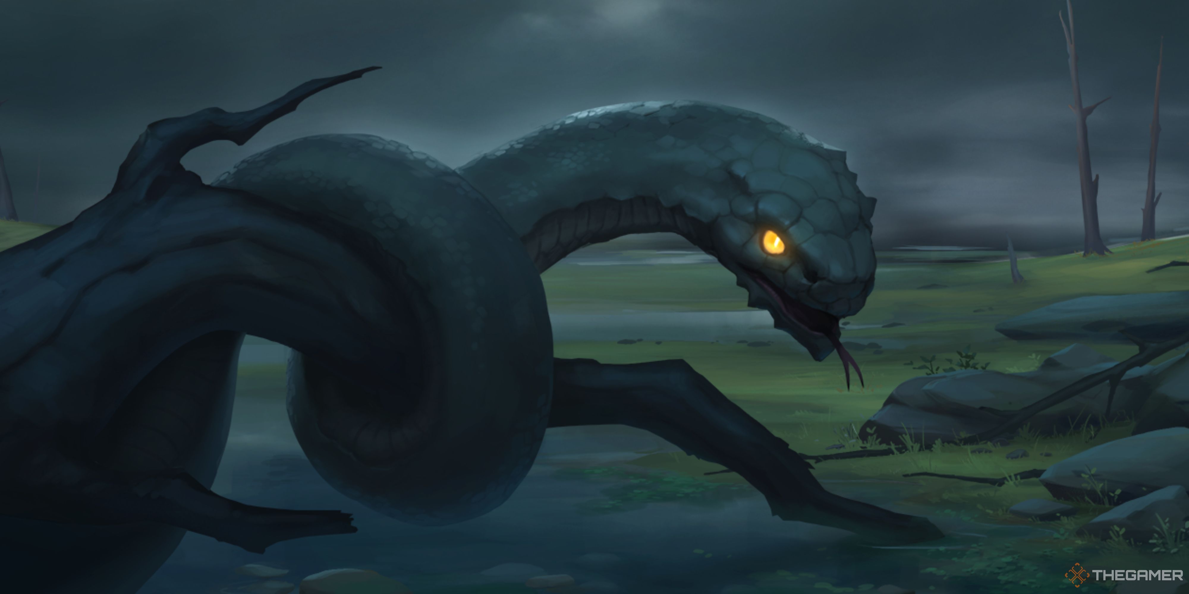 Northgard's Clan of the Snake splash art shows a snake with glowing eyes.