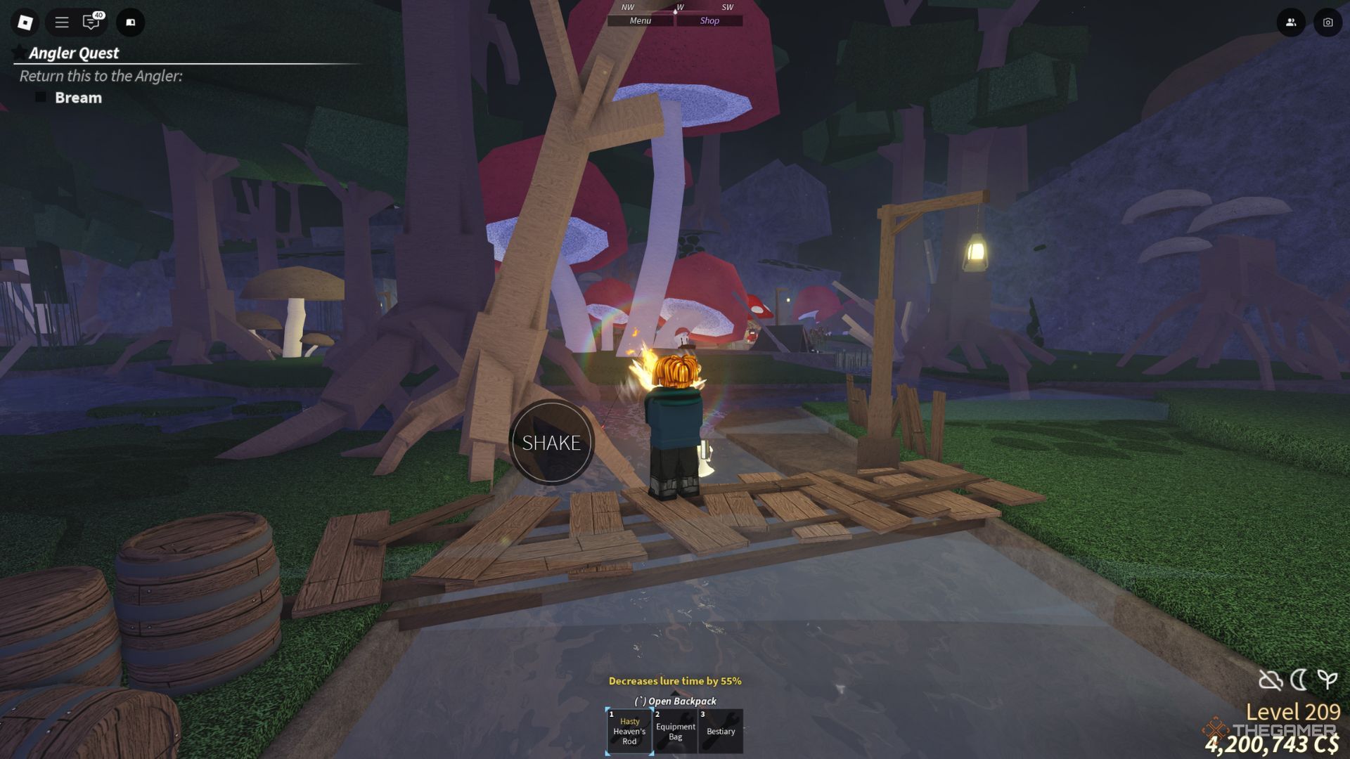 The player character is fishing on Mushgrove Swamp using the Heaven's Rod in Fisch.
