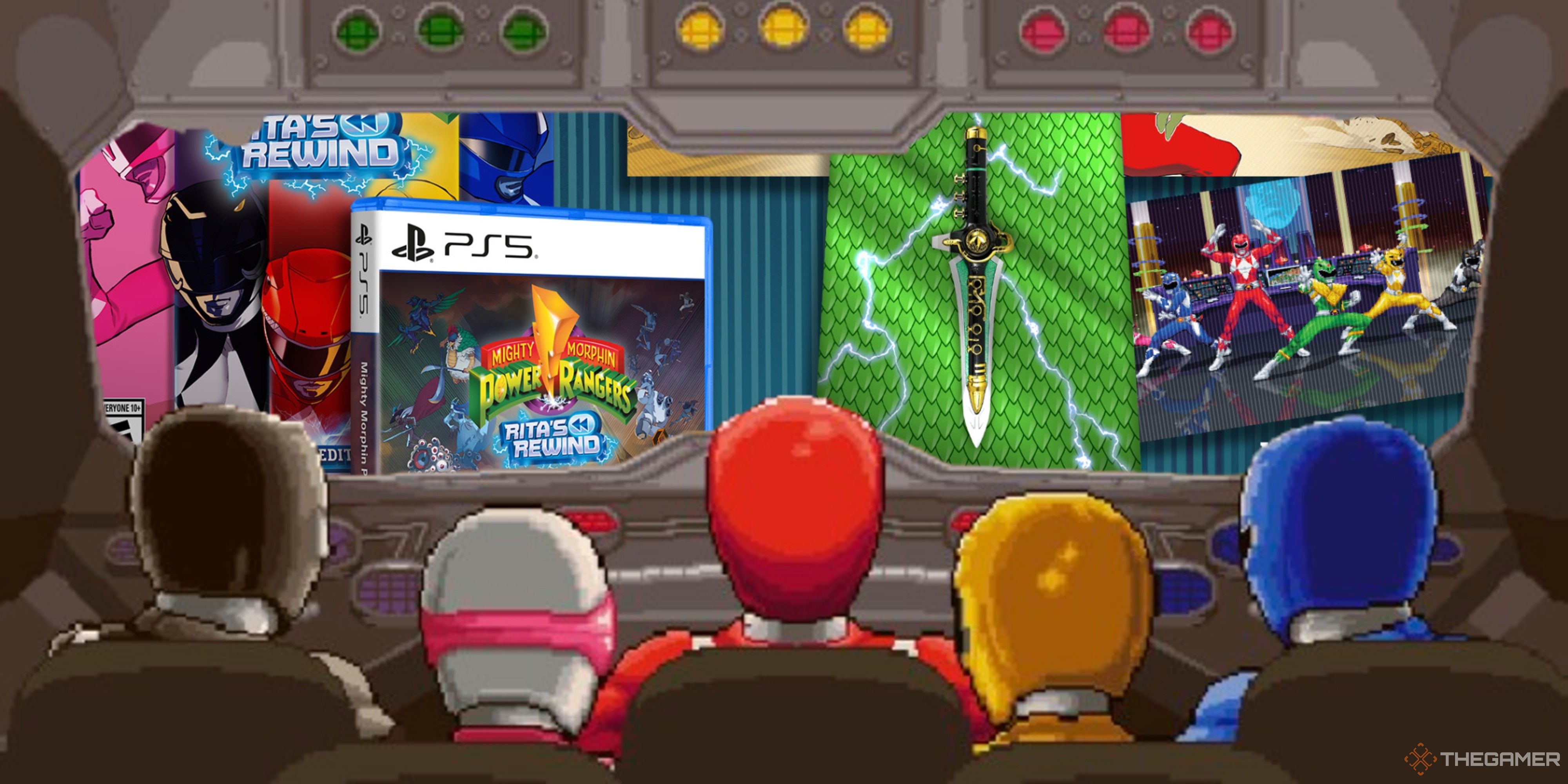 power rangers looking out at rita's rewind collector's edition from their megazord.