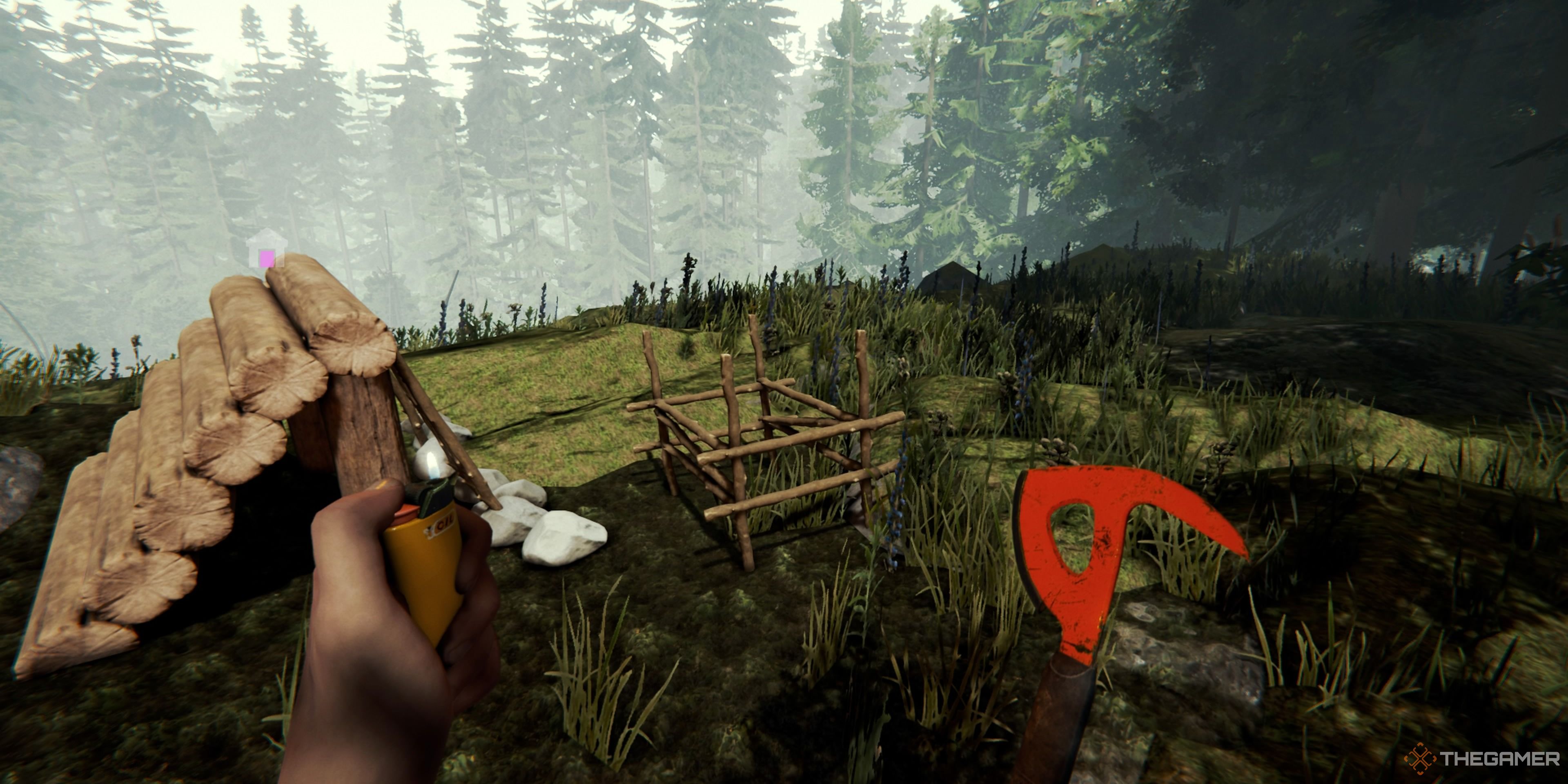 An image showing the player standing next to a built Rabbit Cage in The Forest. The player is holding an axe and a lighter. There is a nearby shelter which has also been built by the player.
