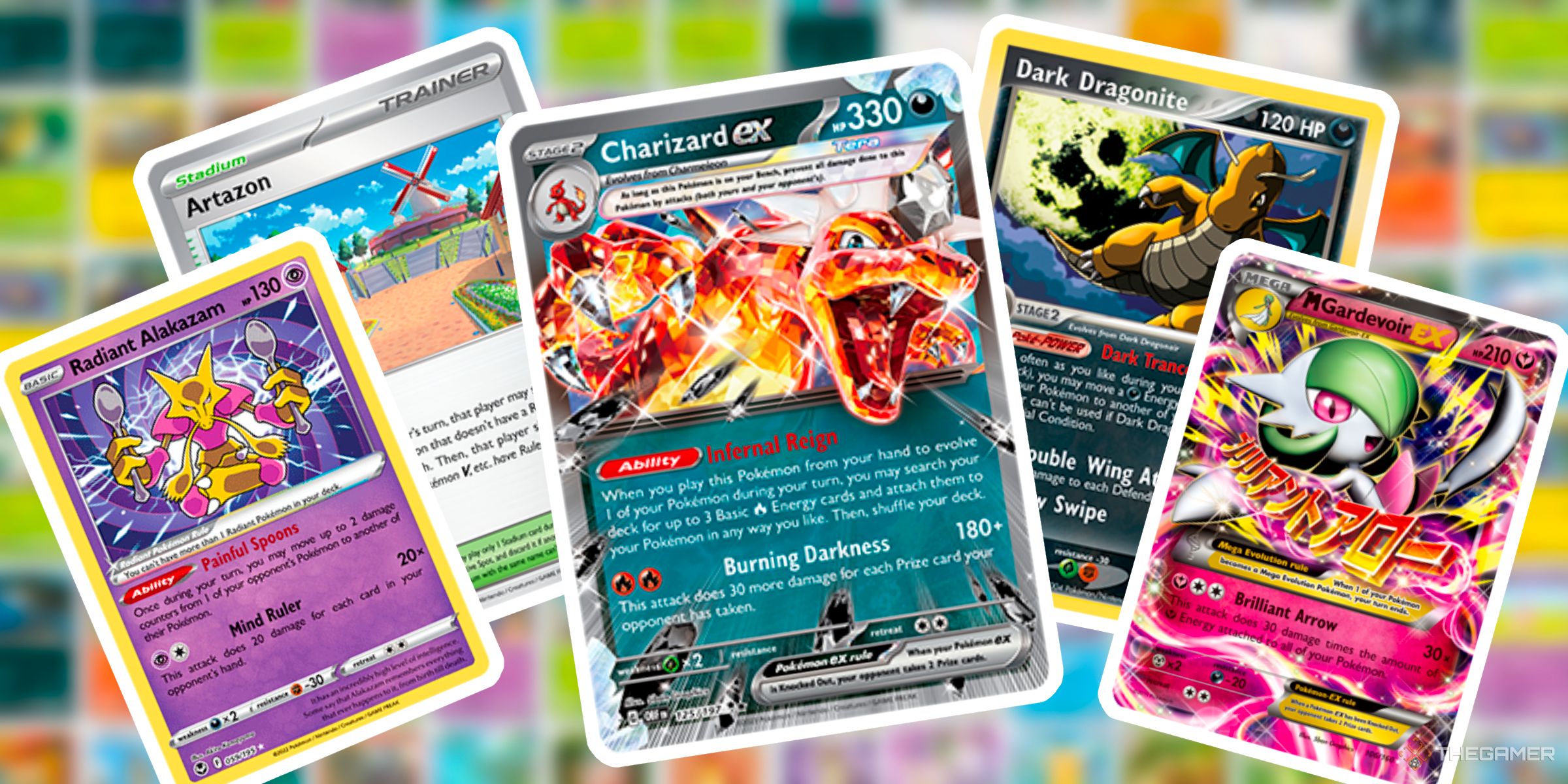 Radiant Alakazam, Dark-Tera Charizard ex, Dark Dragonite And M Gardevoir EX Alongside A Artazon Stadium Card From Various Pokemon TCG Sets.