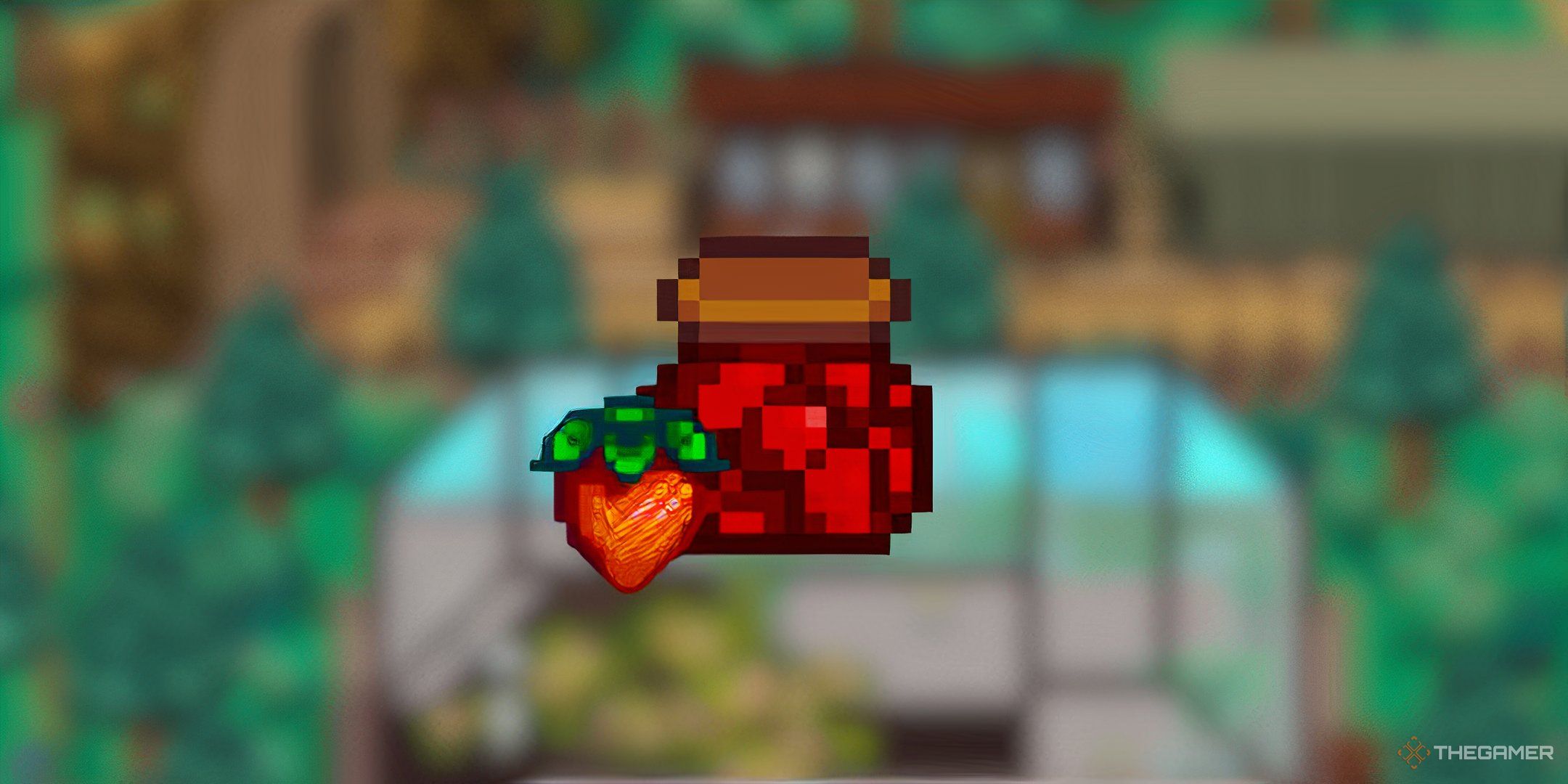 Stardew Valley Dried strawberries with a strawberry next to them on a blurred background.