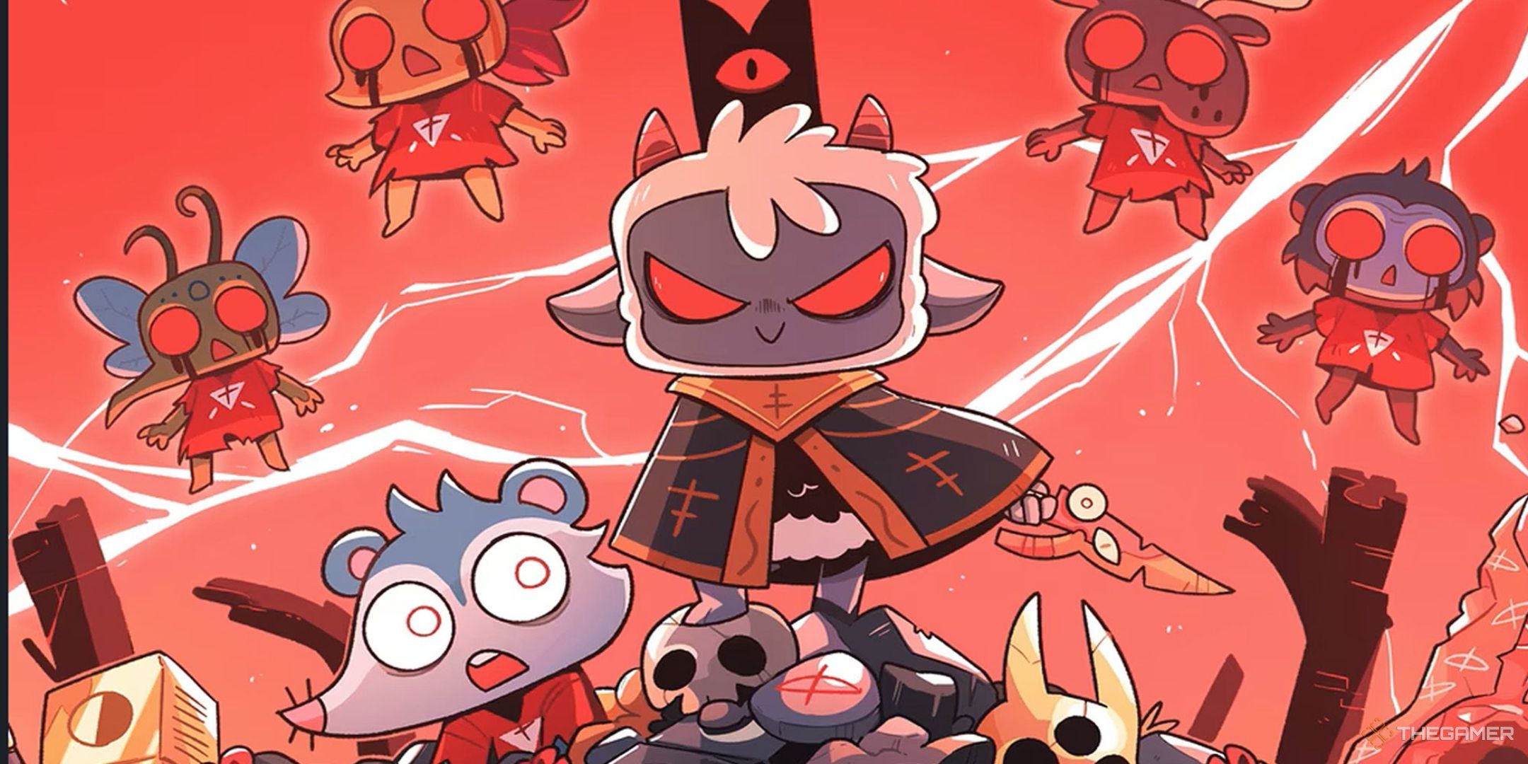 The Lamb standing on a pile of skulls in Cult of the Lamb.