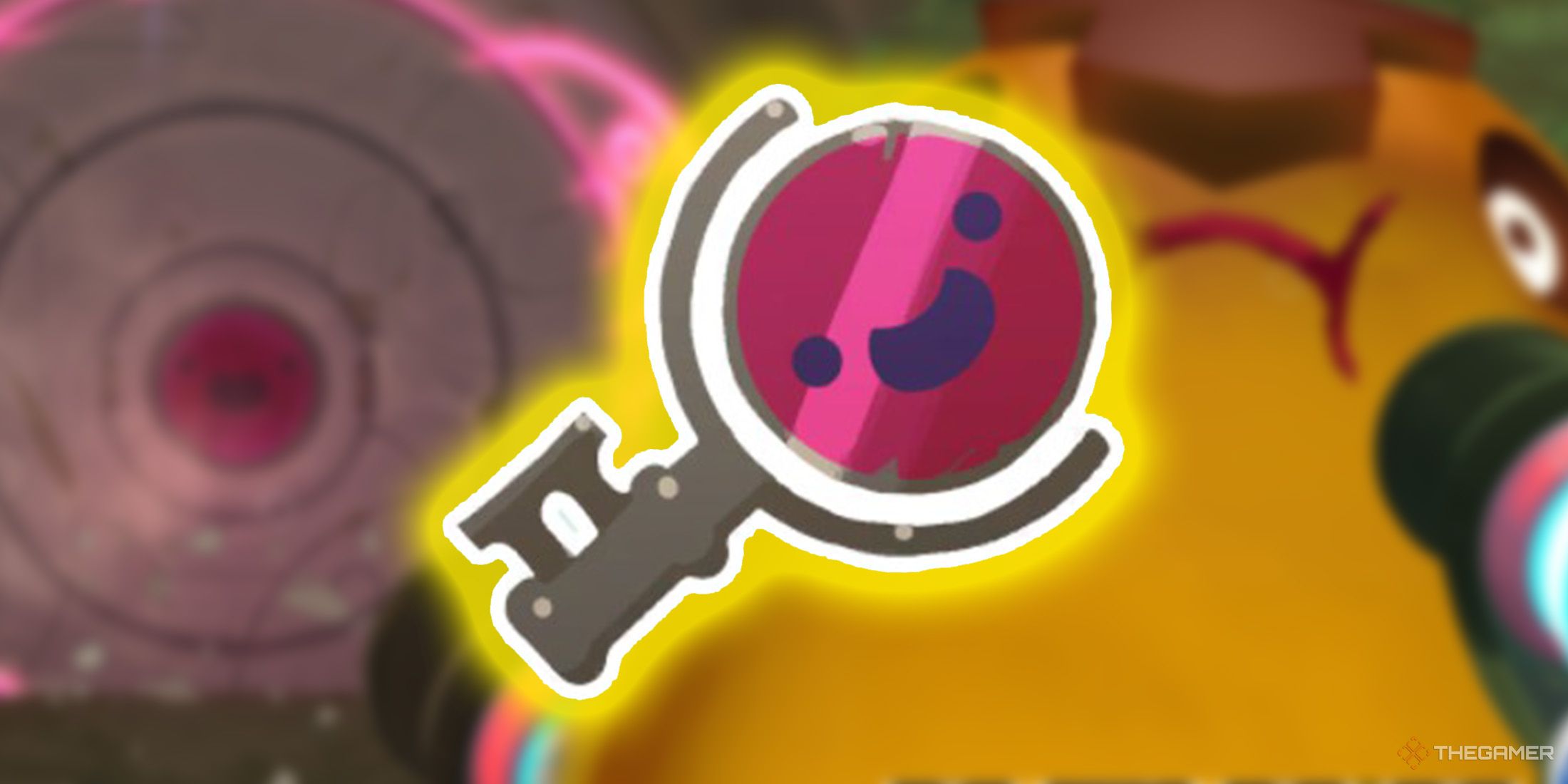The slime key image is in front of the blurry background that contains a slime gate and a Honey gordo