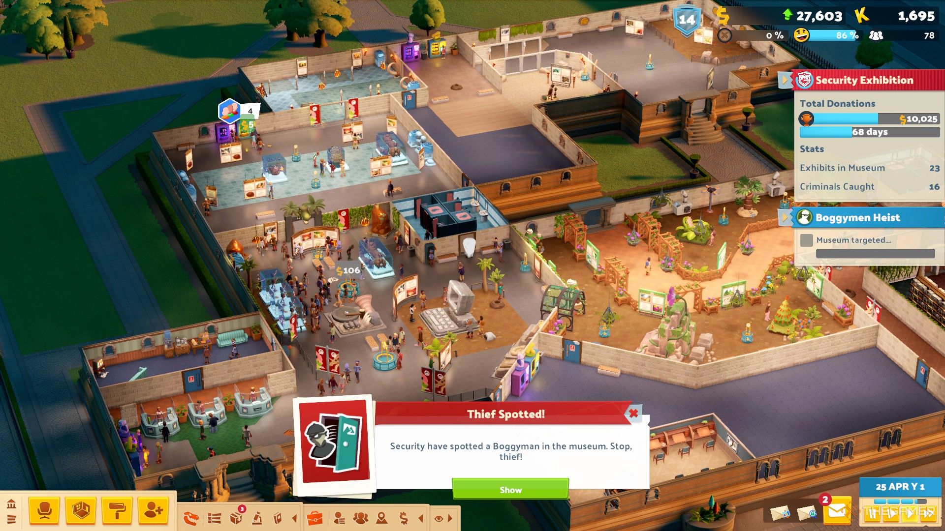 the security pop-up exhibition in two point museum, with a notification that a thief has been spotted.