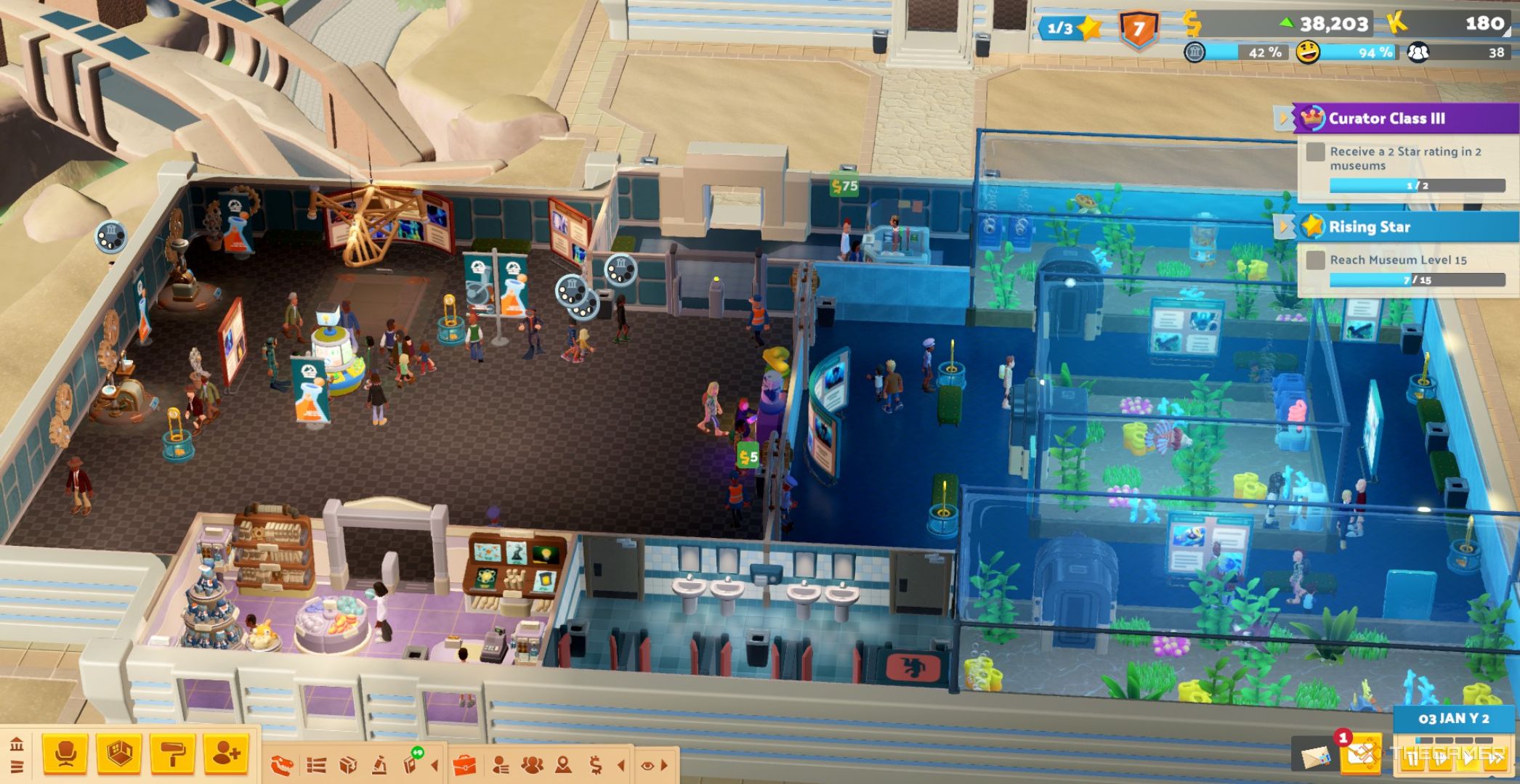 A Science and Marine combination museum in Bungle Wasteland in Sandbox Mode in Two Point Museum.