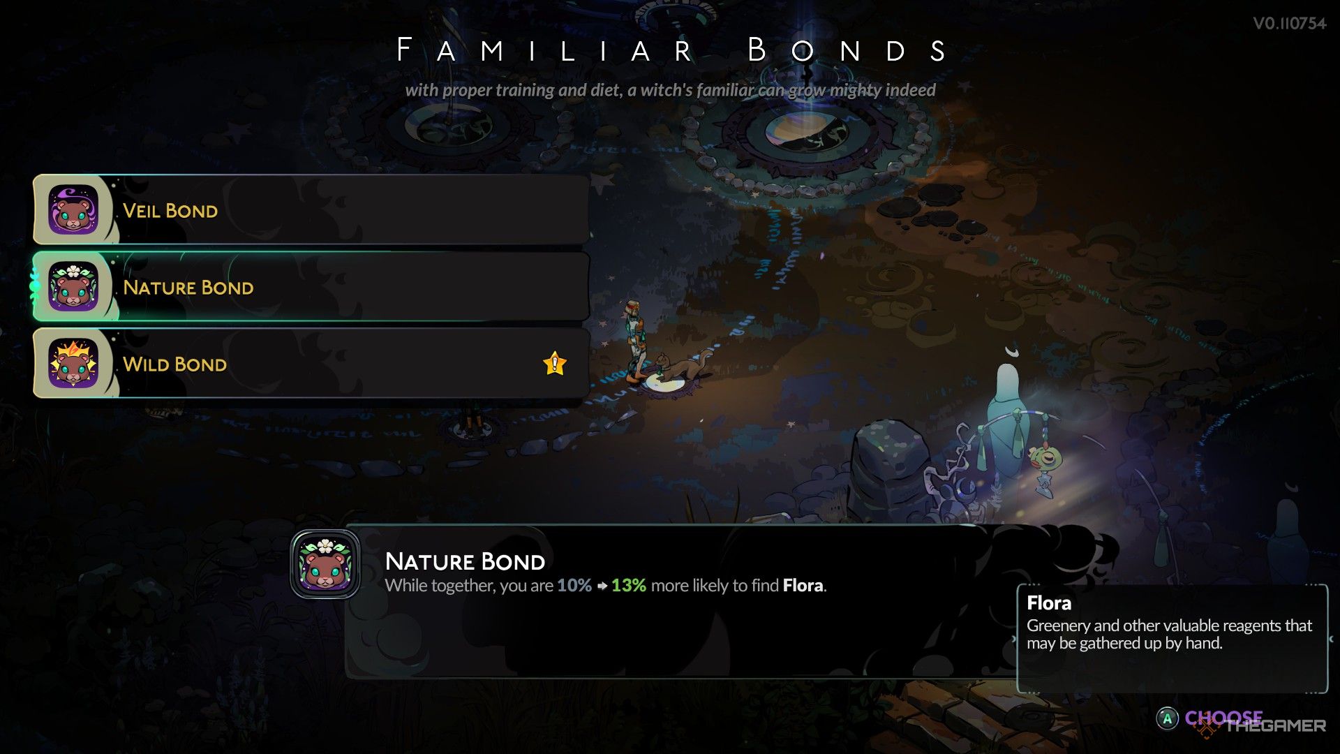 Melinoe inspects the Nature Bond upgrade for familiar Gale in Hades 2.