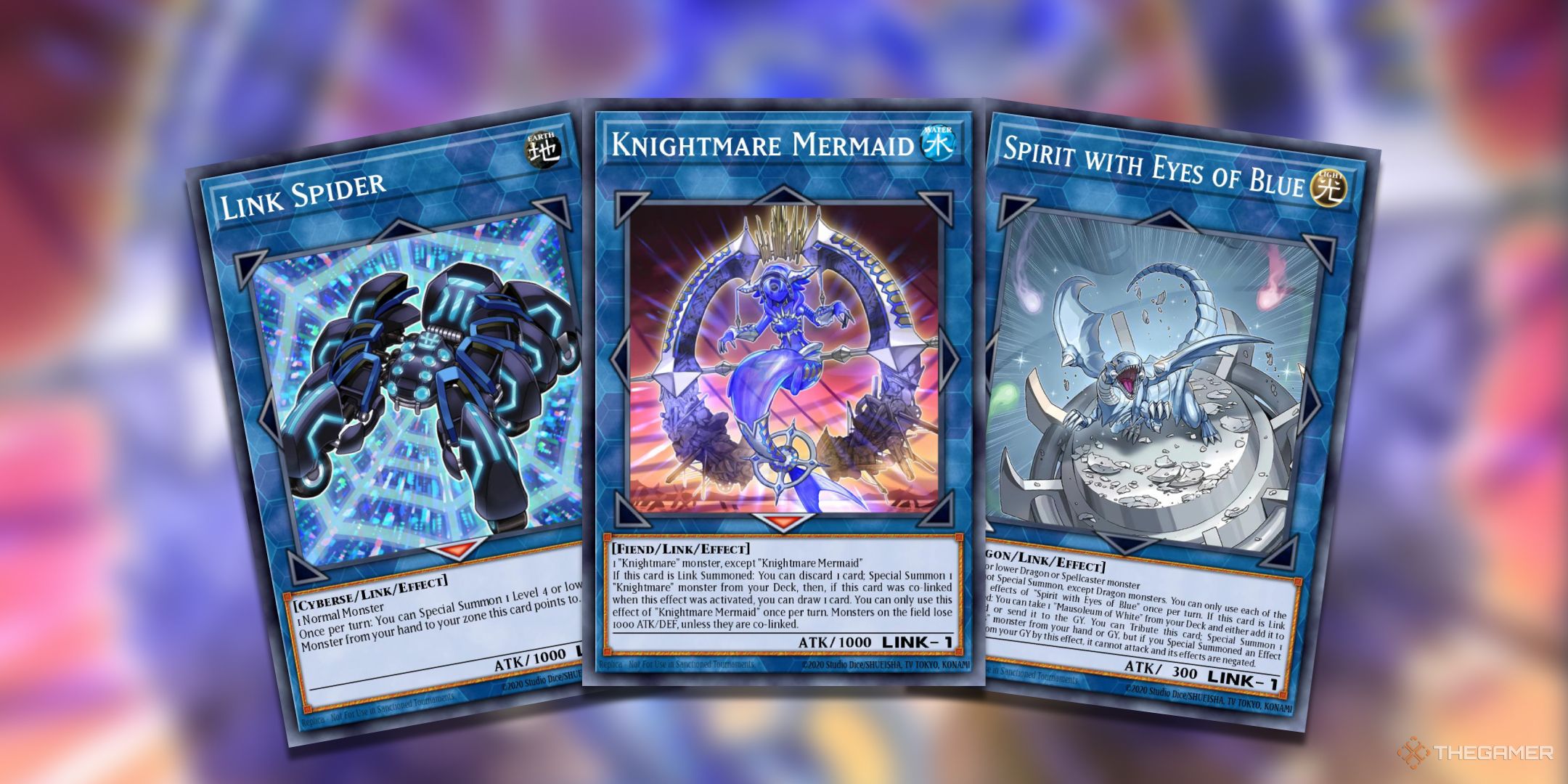 A collage of Link-1 Yu-Gi-Oh! TCG Cards such as Knightmare Mermaid, Link Spider, and Spirit with Eyes of Blue.