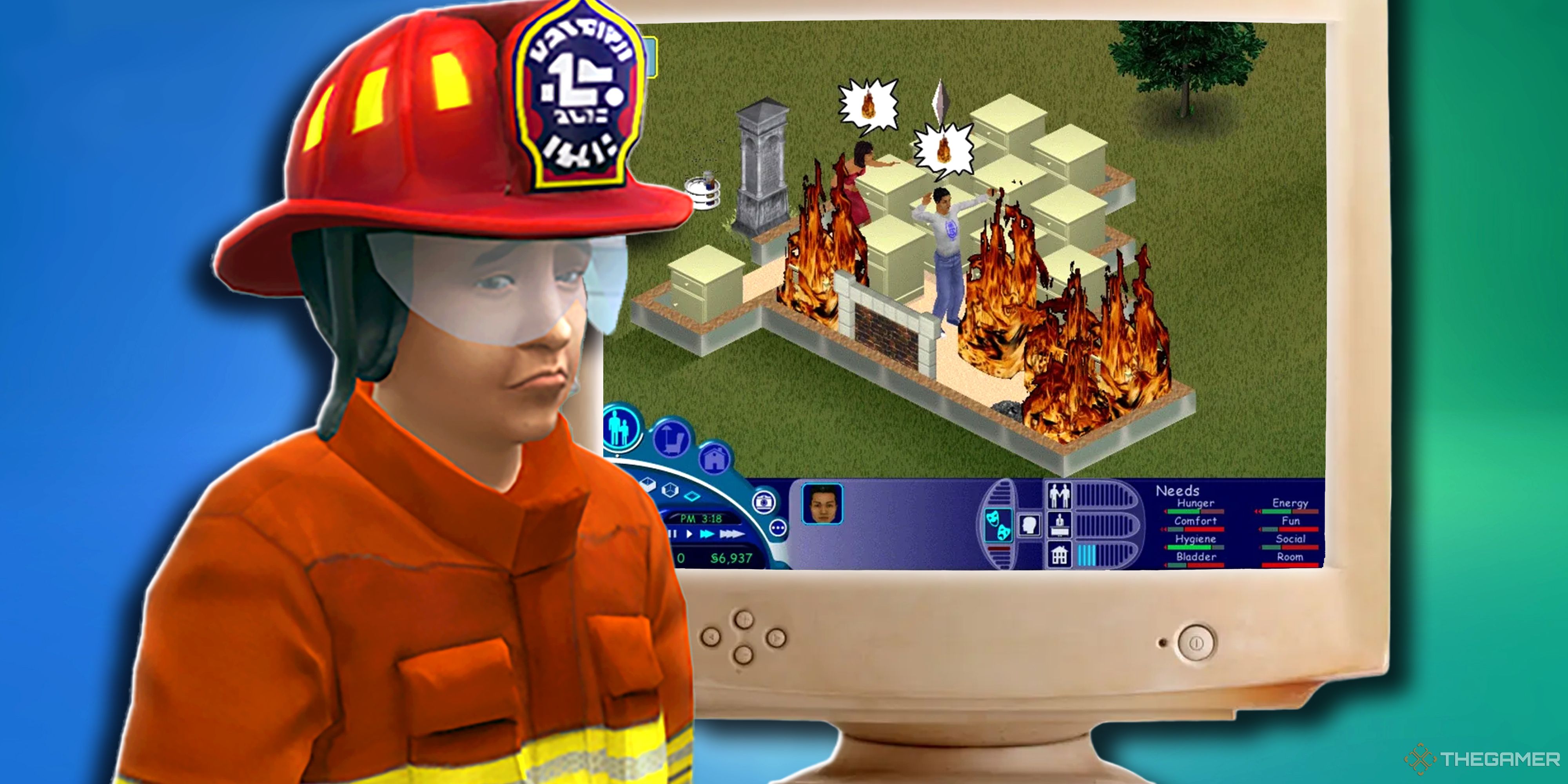 A male firefighter Sim watching a lot in the Sims on fire on a chunky desktop monitor in The Sims Legacy Collection.