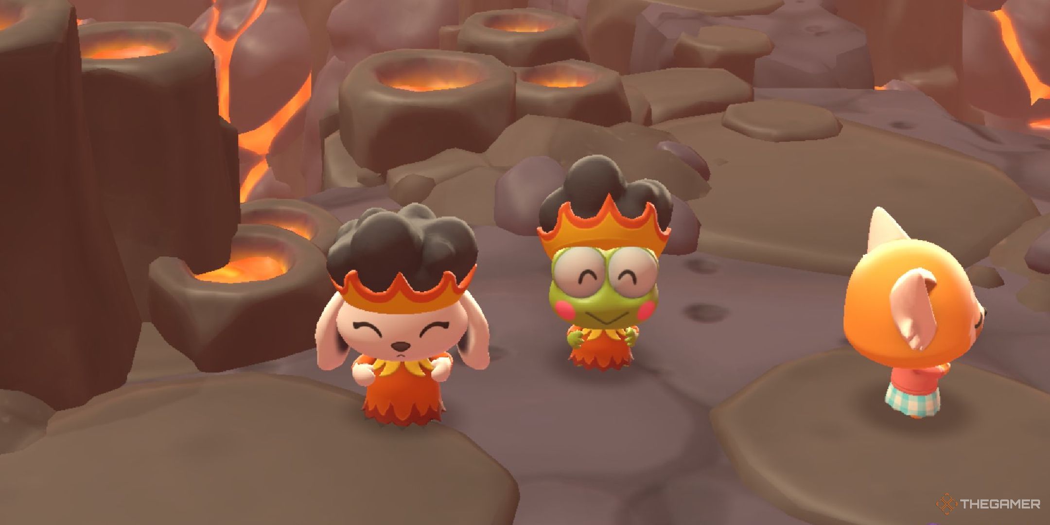 A player and keroppi wearing the volcano outfits in Hello Kitty Island Adventure.