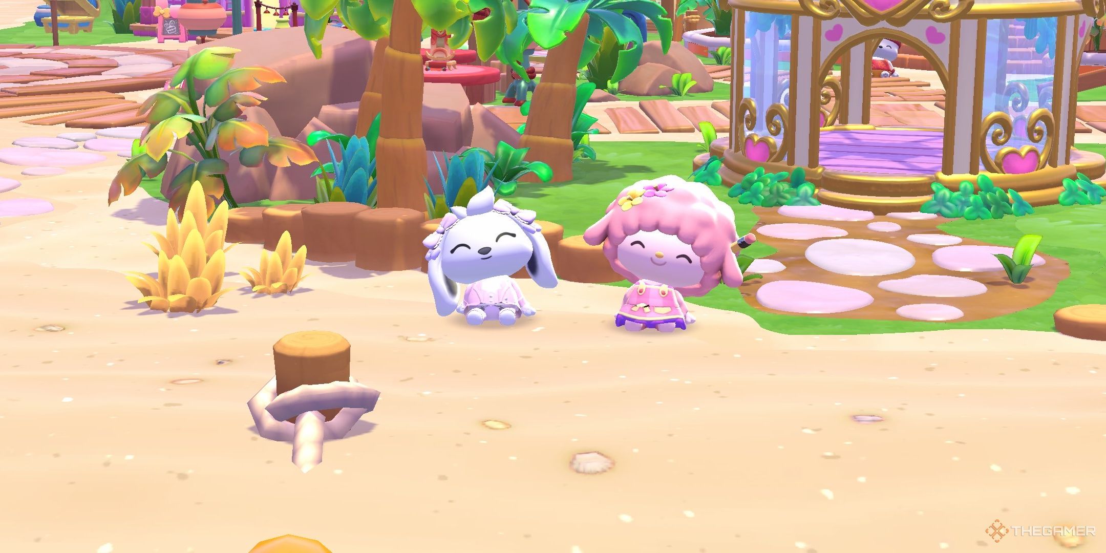 A player and My Sweet Piano posing on the beach in Hello Kitty Island Adventure.