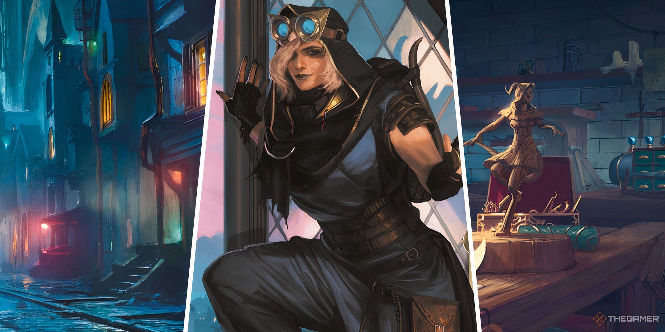 A rogue in a split image between an urban city street and an artisan's workshop