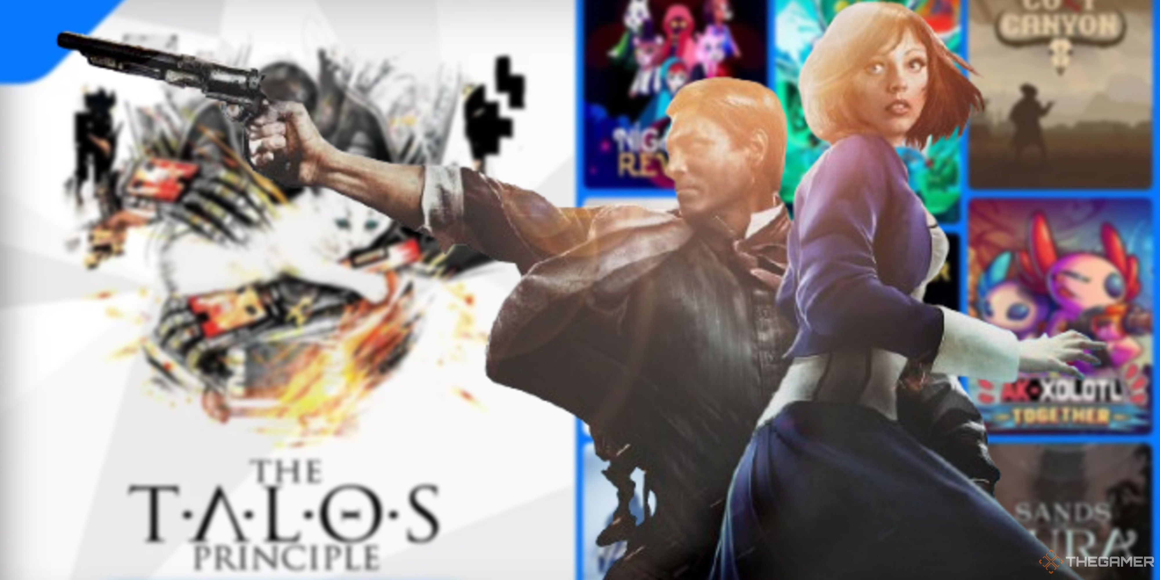 bioshock infinite lead characters in front of amazon prime gaming's free games.