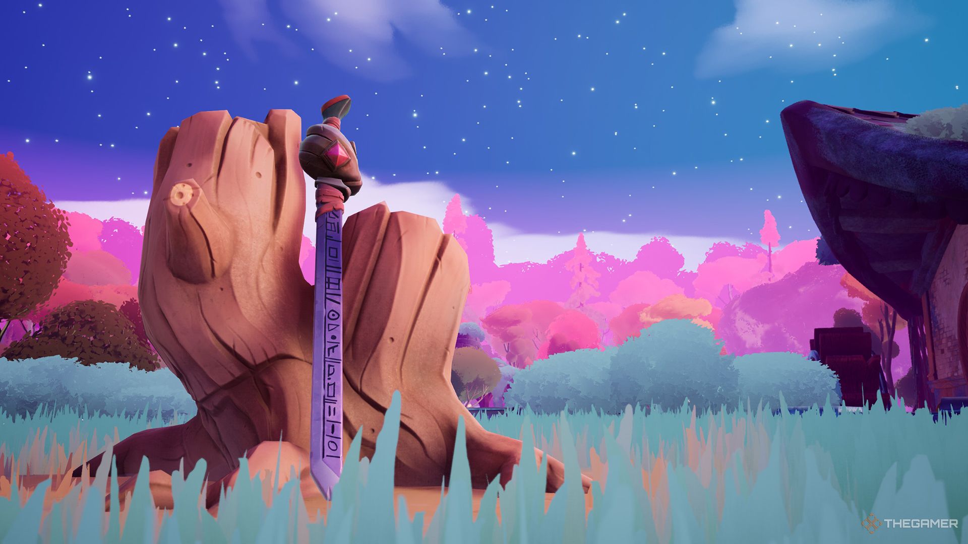 Alta's sword resting on a tree stump during chapter 1 of Wanderstop.