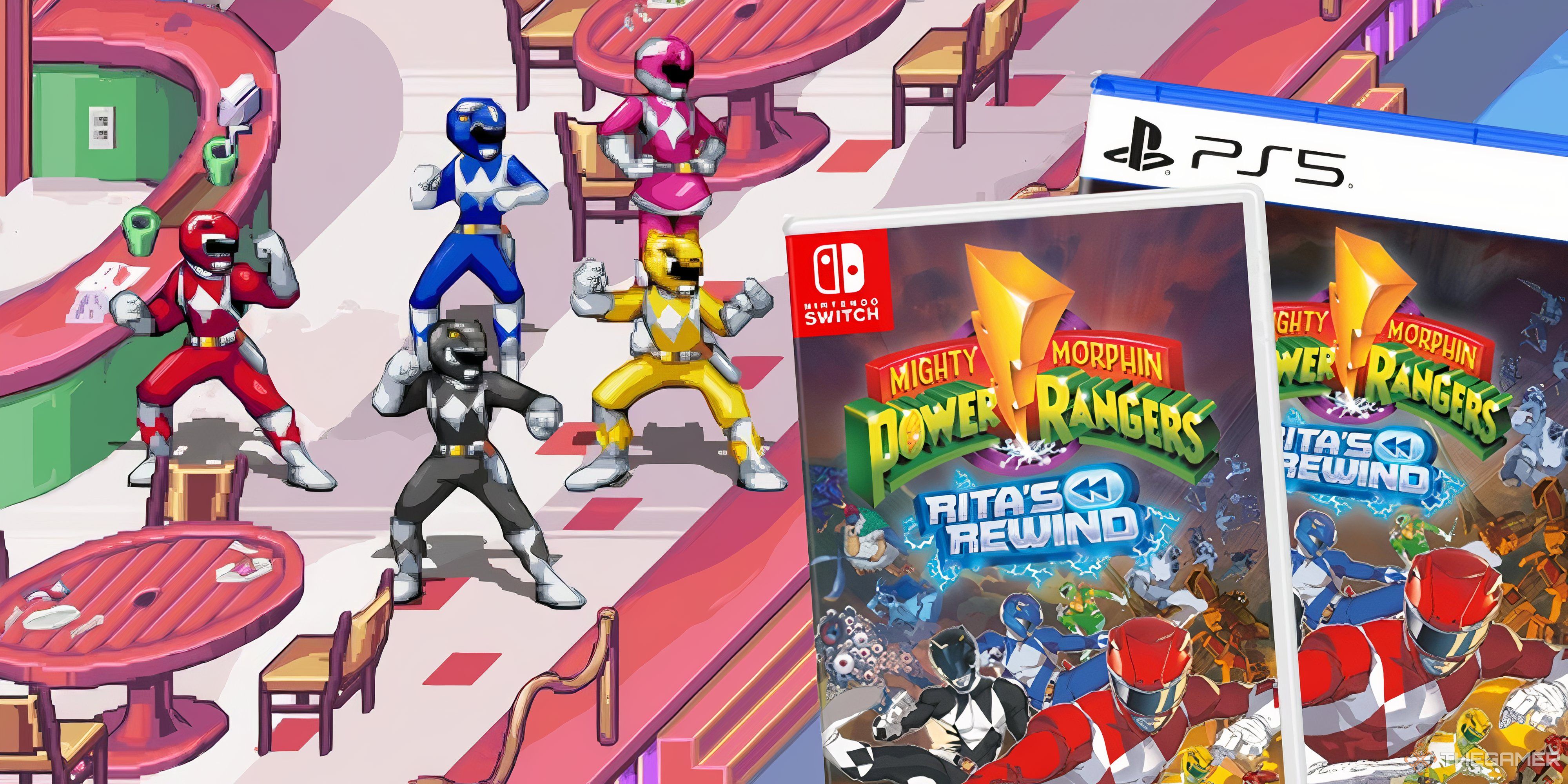 characters in power rangers rita's rewind next to ps5 and switch copies of the game.