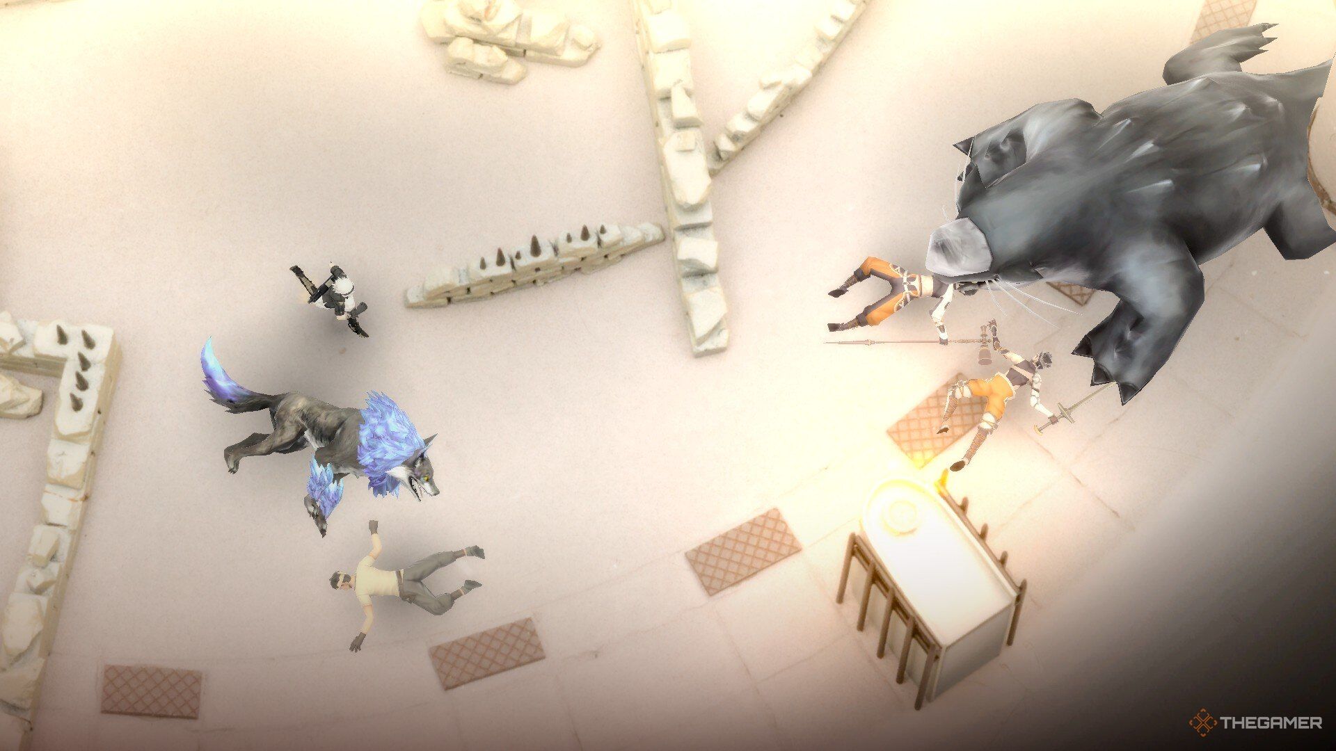 Leo and Zinikr battle in the coliseum in Fantasian Neo Dimension.