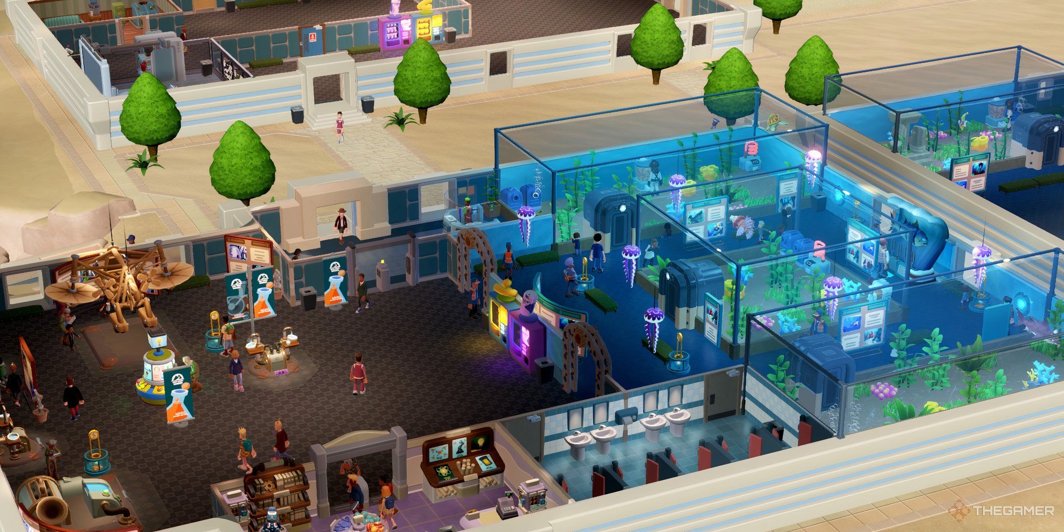 Close up view of a combination Science and Marine-themed museum in Bungle Wasteland full of people in Two Point Museum.