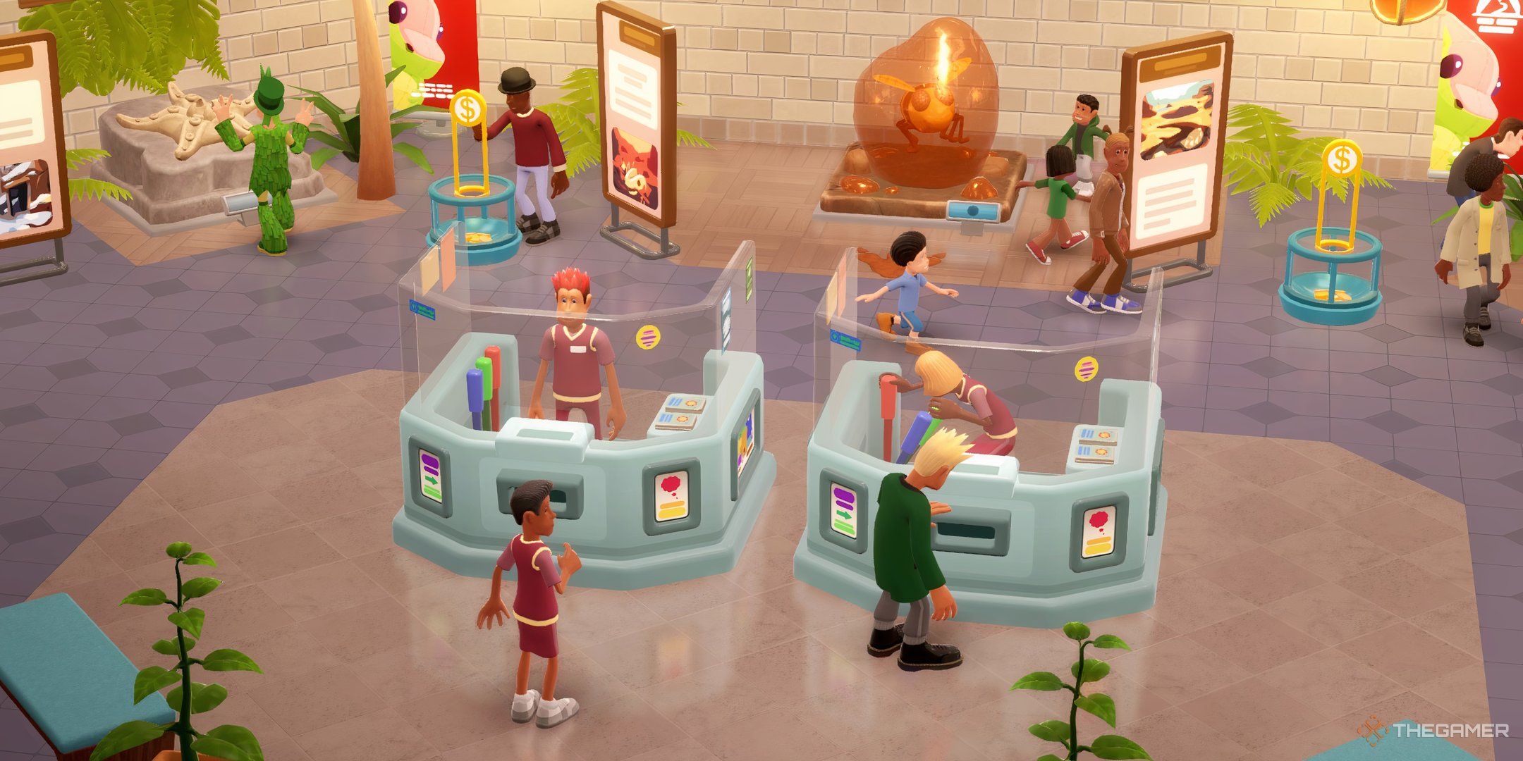 Close up view of three Assistants, two working selling tickets and one not, in Two Point Museum.