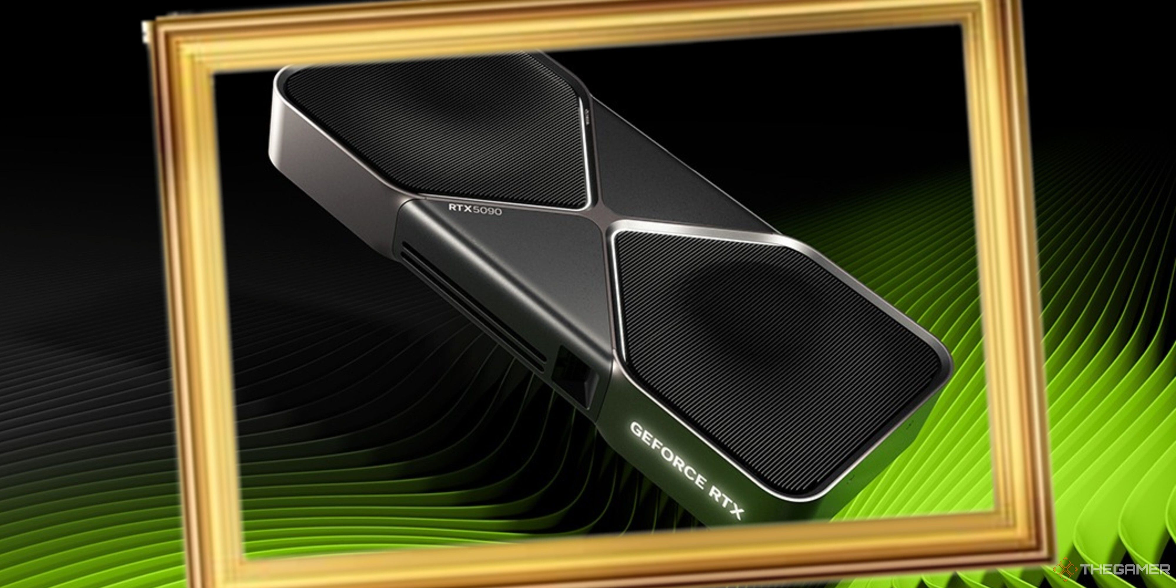 RTX 5090 graphics card framed over a green background.