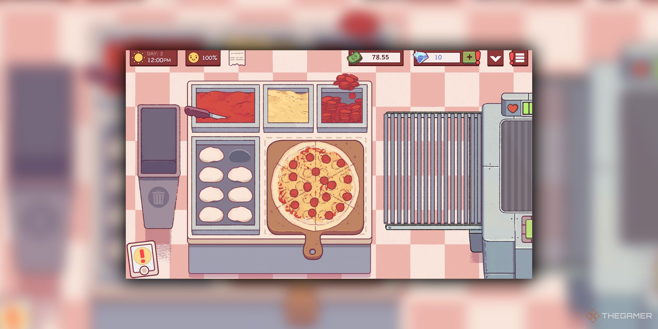 A screenshot of Good Pizza, Great Pizza, in which the chef makes a pepperoni pizza.