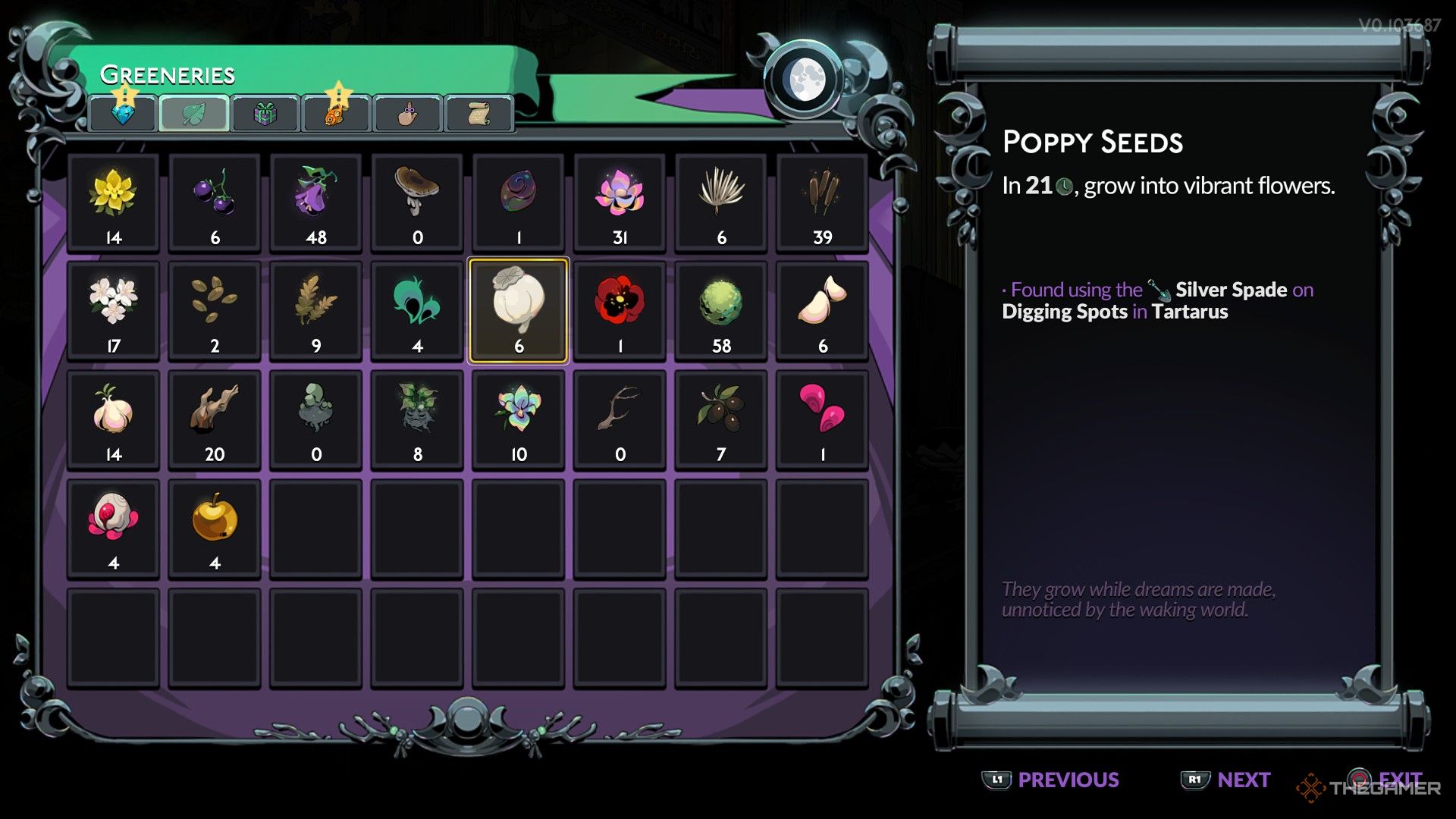 Poppy Seeds in Hades 2's Greeneries menu. It shows that they grow in 21 Time Units, and are found using the Silver Spade on Digging Spots in Tartarus.