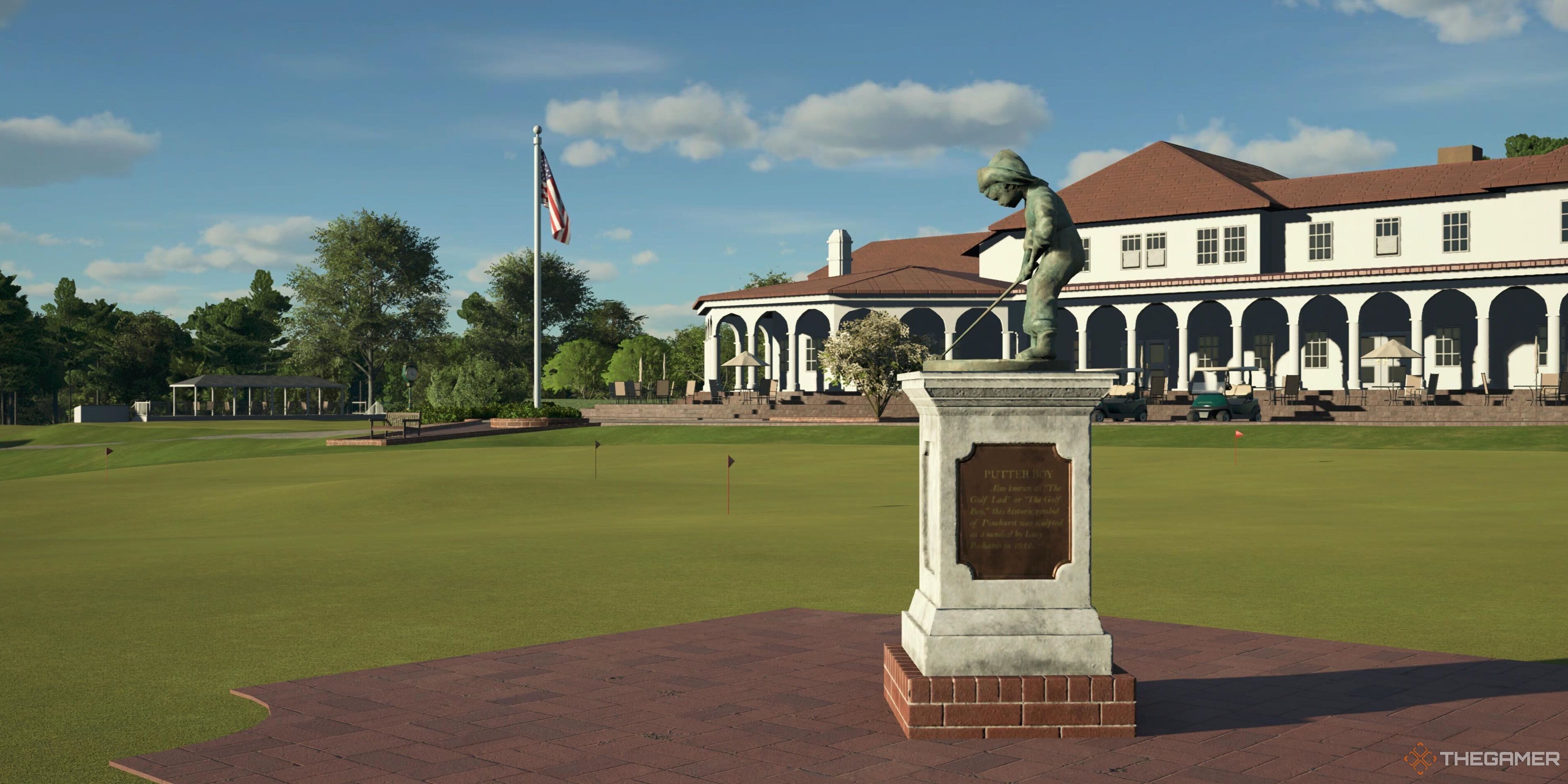 A statue in front of a clubhouse in PGA Tour 2K25.