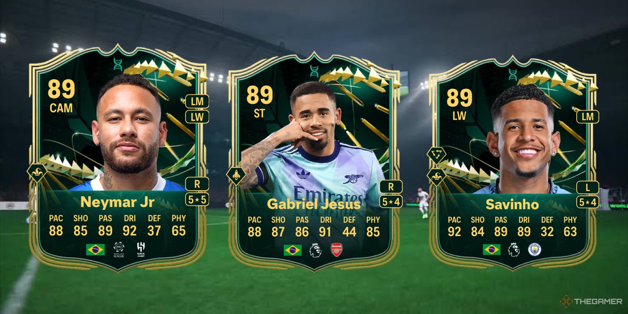 Image showing Neymar, Jesus, and Savinho card against a faded pitch background.