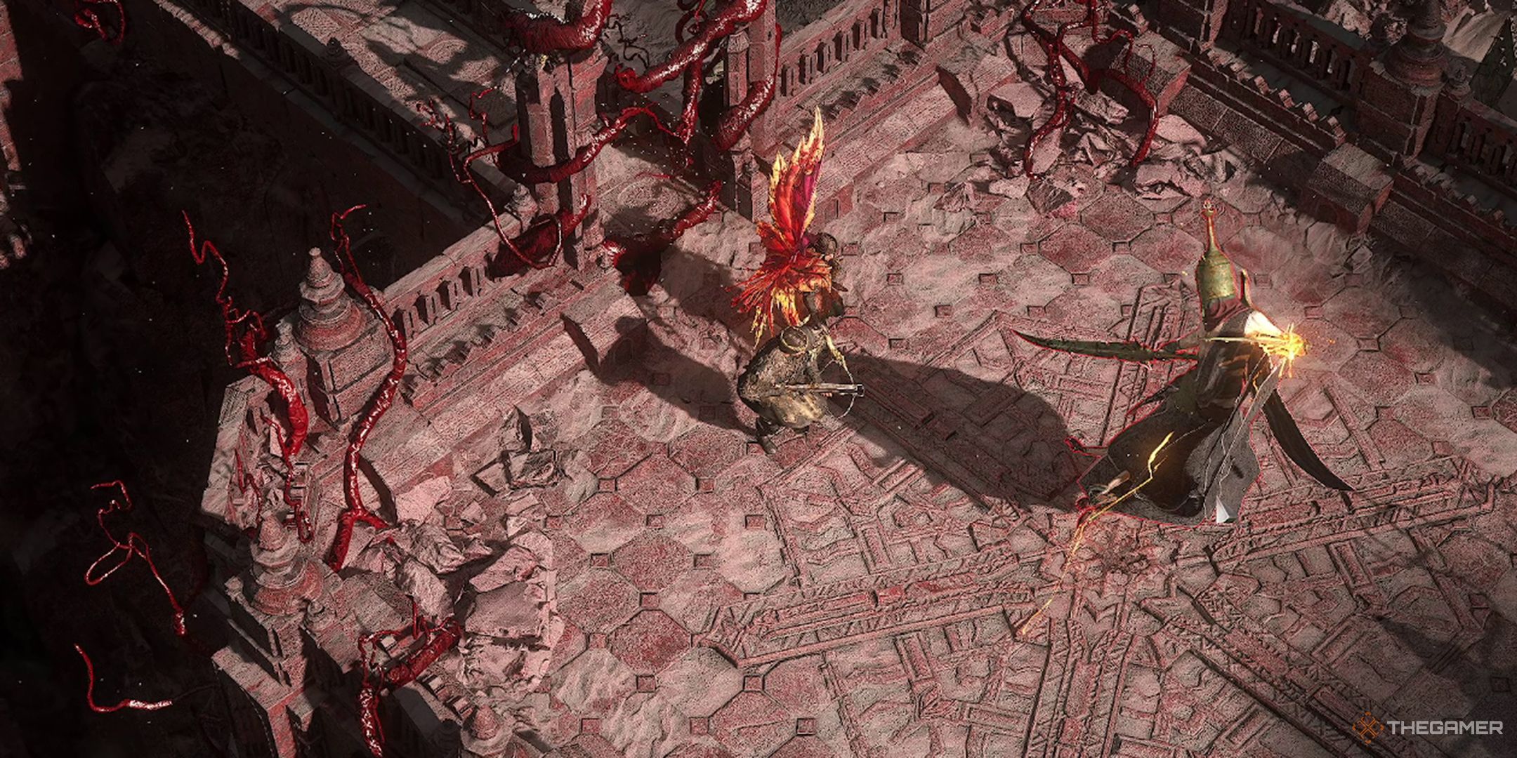 Two players approaching Jamanra, the Risen King in Path of Exile 2.