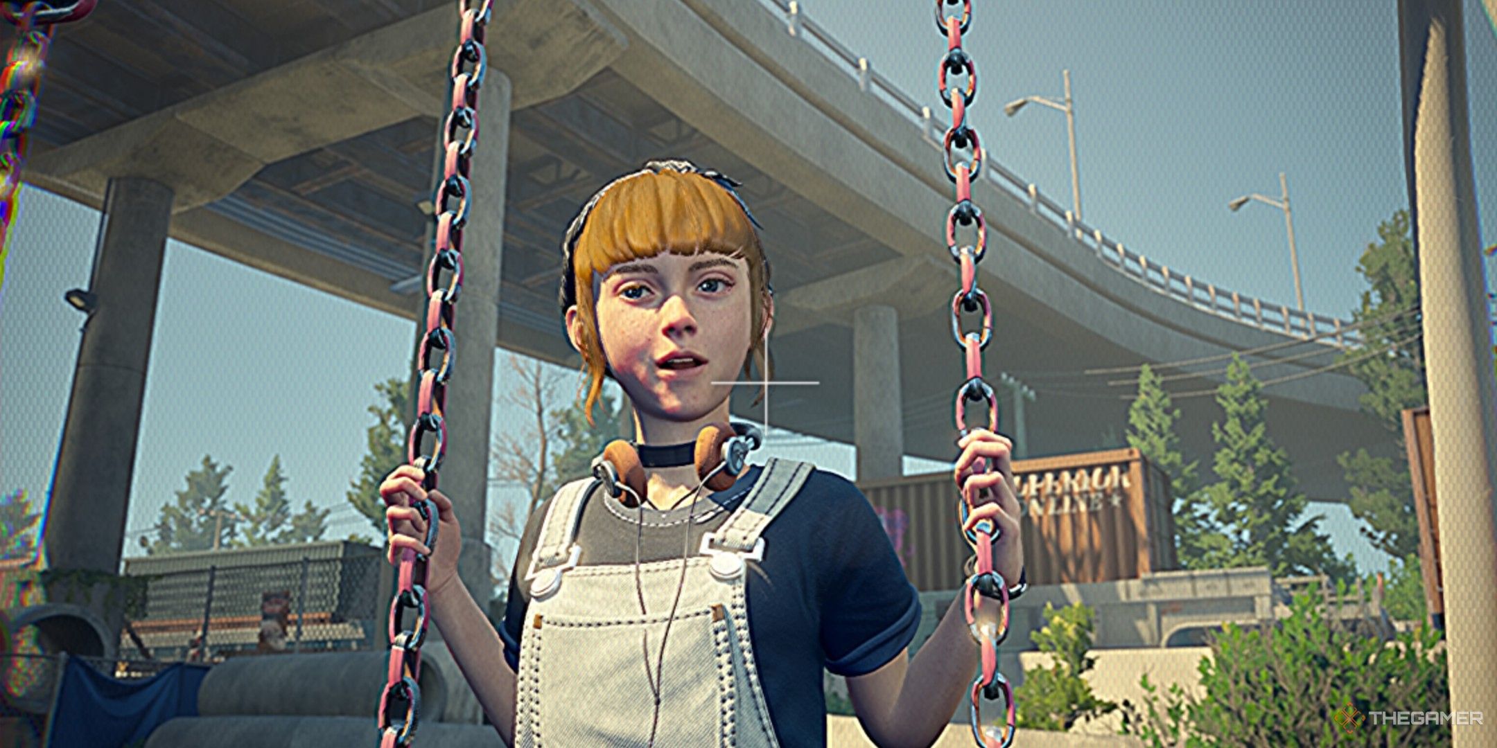 Kat sits in front of a highway overpass in Lost Records Bloom & Rage.