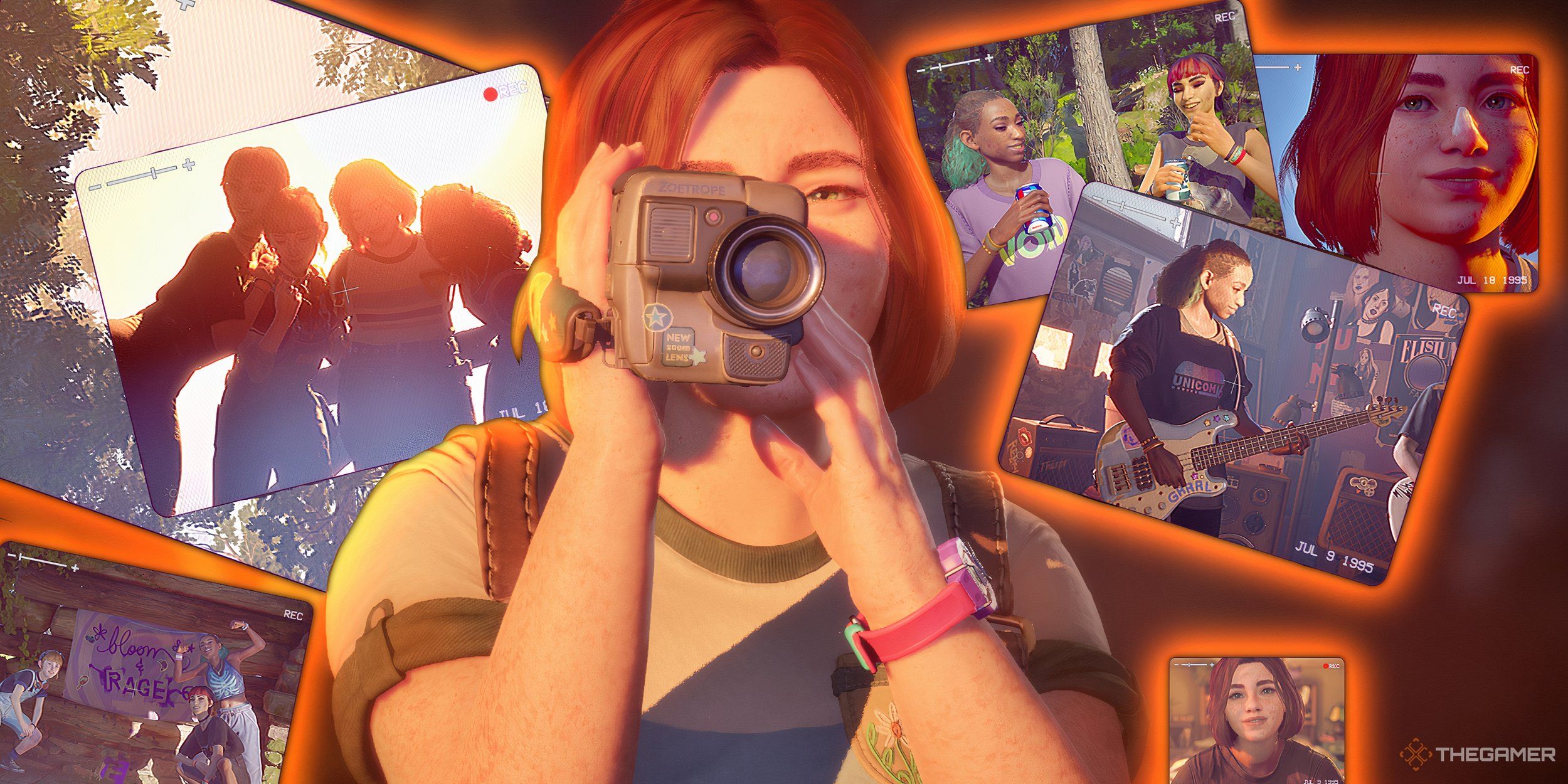 Collage of Swann filming, with several clips overlaid from the camcorder with an orange glow.