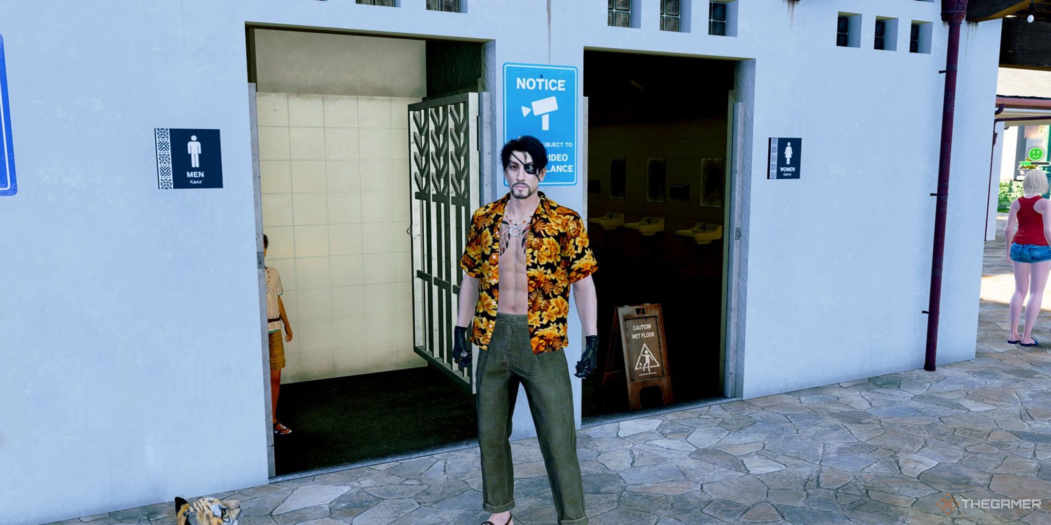 Majima outside the restroom in Like a Dragon Pirate Yakuza in Hawaii.