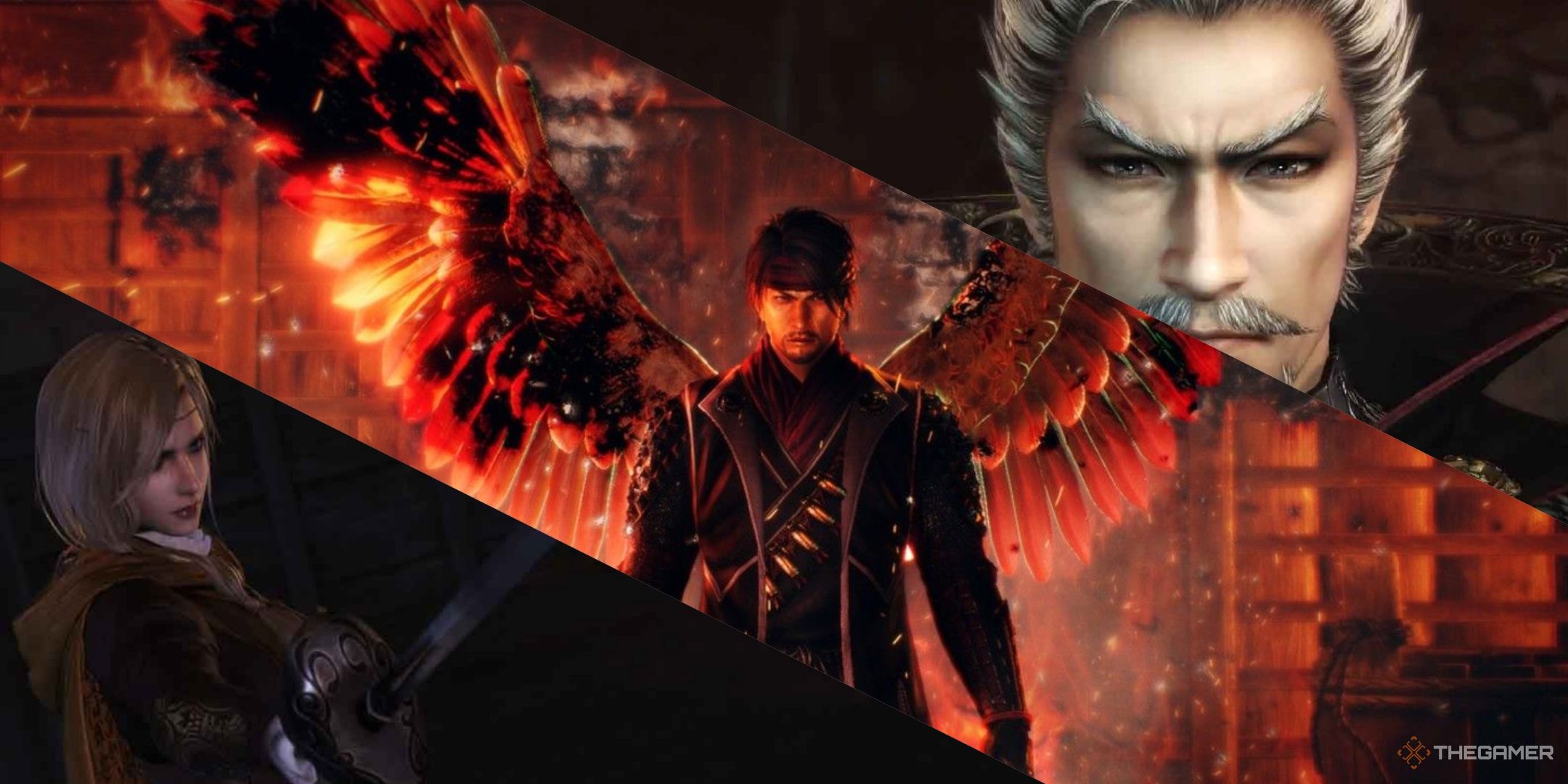Maria holding a rapier, saika magoichi with wings and fire behind him, and oda nobunaga's grey face, all in nioh left to right.