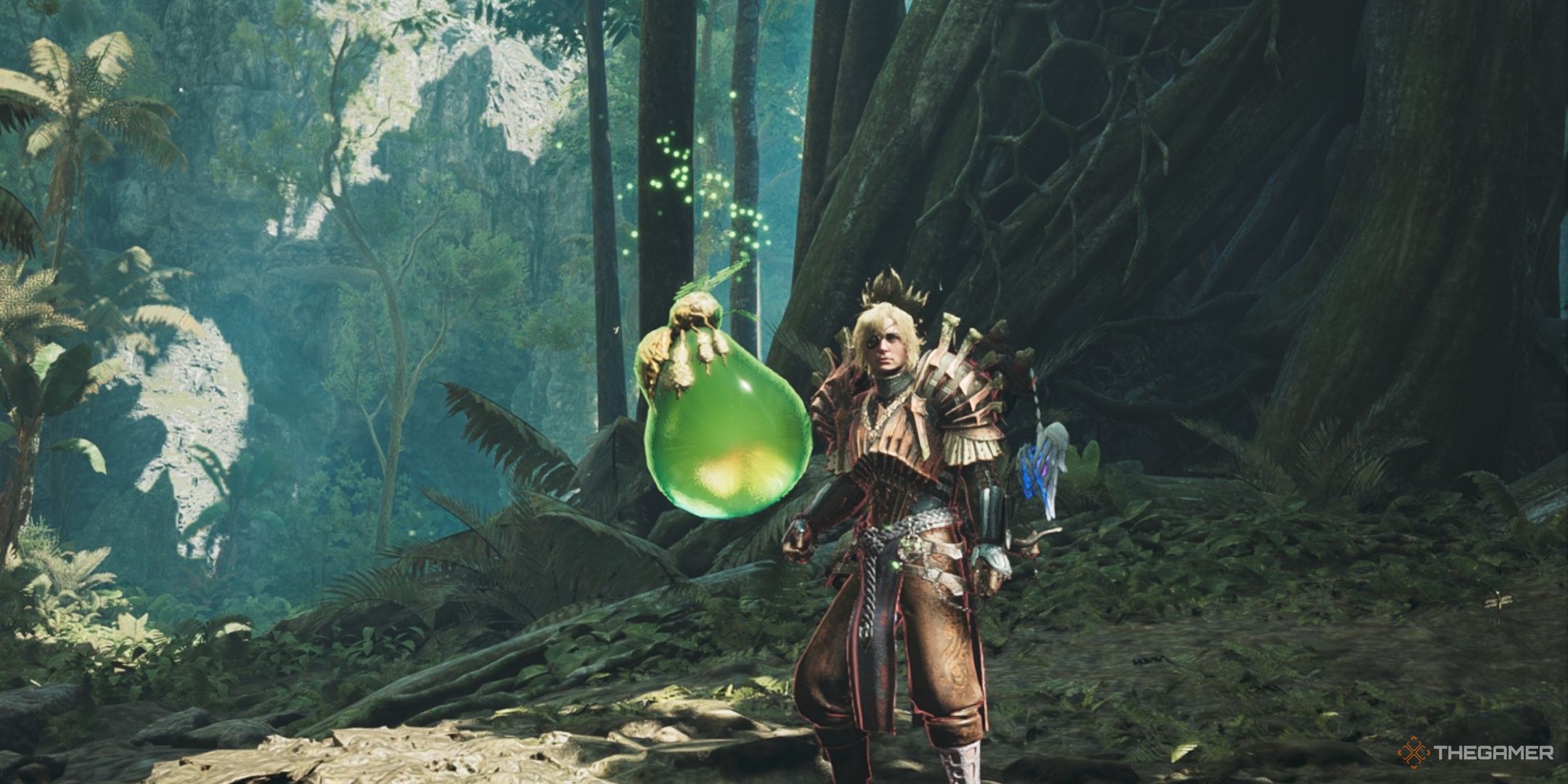 a hunter standing beside a giant vigorwasp in the scarlet forest in monster hunter wilds,