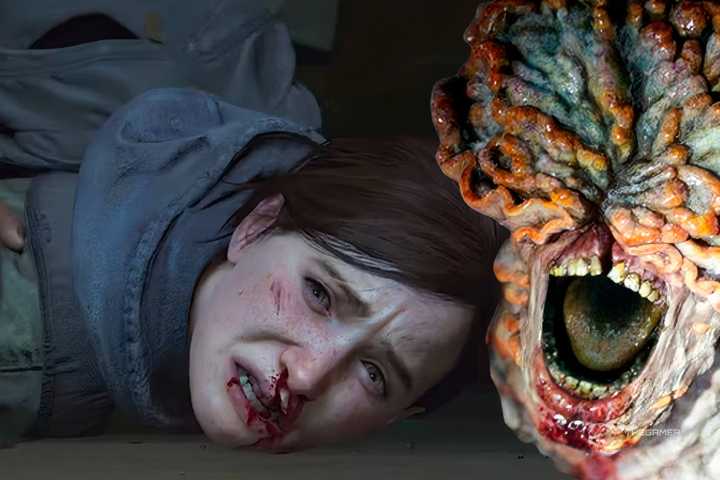 a clicker from the last of us tv show next to ellie being pinned down in the last of us part 2.