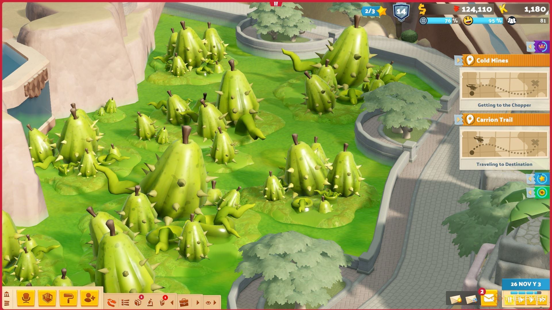 Odd plants growing in Bungle Wasteland in sandbox mode in Two Point Museum.