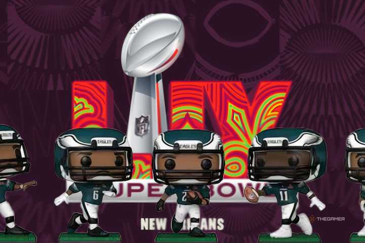 philadelphia eagles super bowl funko pops in front of the super bowl lix logo.